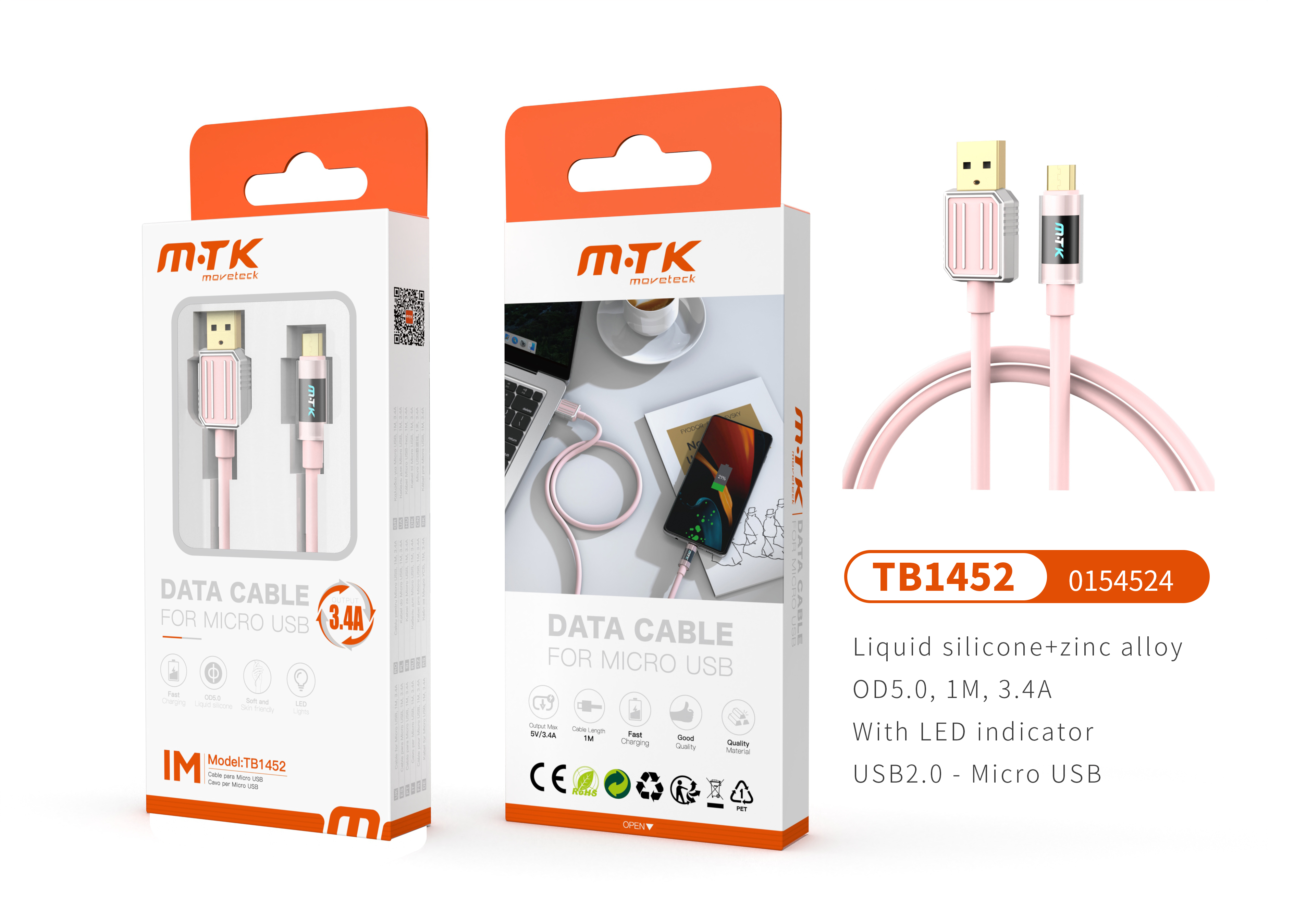TB1452 RS Luxury Cable de datos Zinc Alloy+Silicona Aimee para Micro USB Con indicador Led, 5V/3.4A,