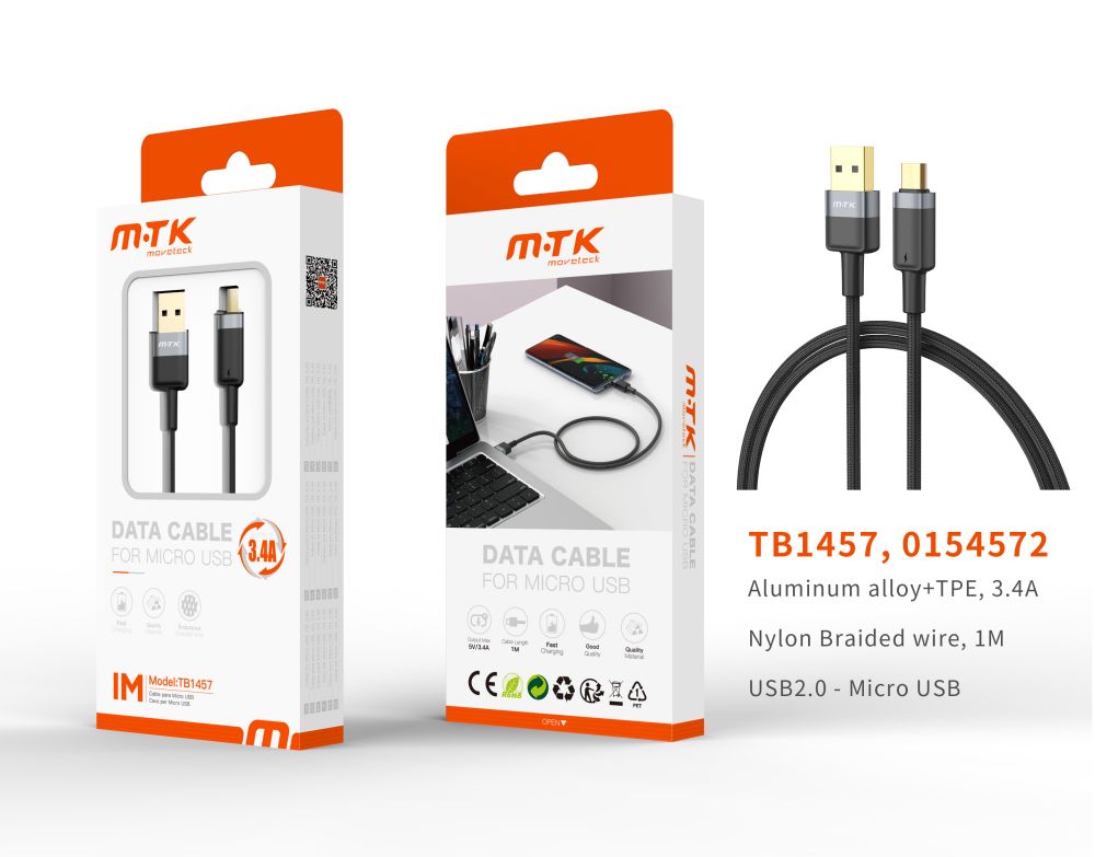TB1457 NE Luxury Cable de datos Silas nylon trenzado para Micro USB , 5V/3.4A, 1M, Negro