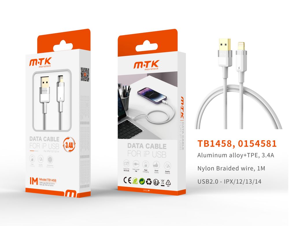 TB1458 BL Luxury Cable de datos Silas nylon trenzado para Iphone 5-14 , 5V/3.4A, 1M, Blanco