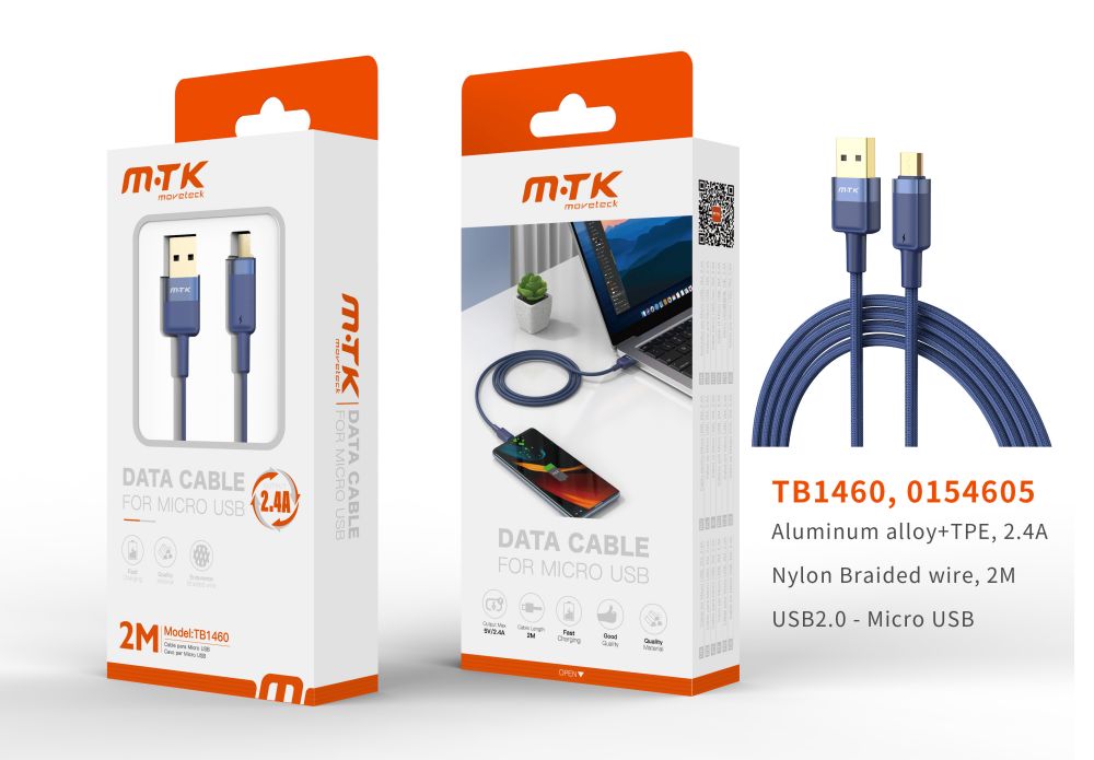 TB1460 AZ Luxury Cable de datos Silas nylon trenzado para Micro USB , 5V/2.4A, 2M, Azul