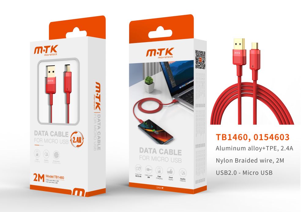 TB1460 RJ Luxury Cable de datos Silas nylon trenzado para Micro USB , 5V/2.4A, 2M, Rojo