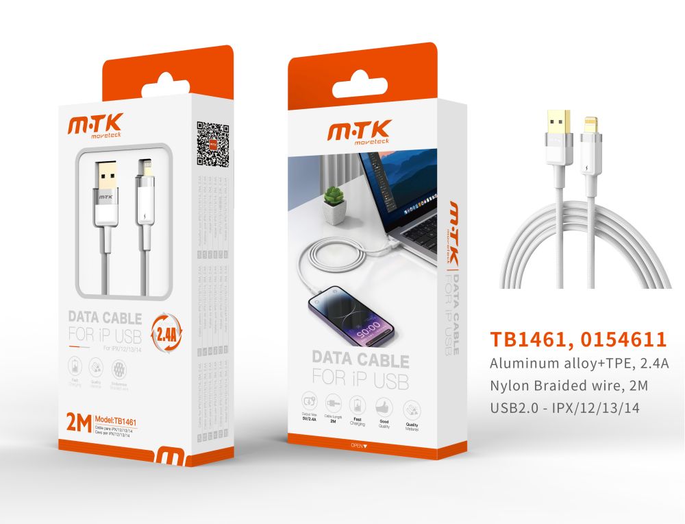 TB1461 BL Cable de datos Silas nylon trenzado para Iphone 5-14 , 5V/2.4A, 2M, Blanco