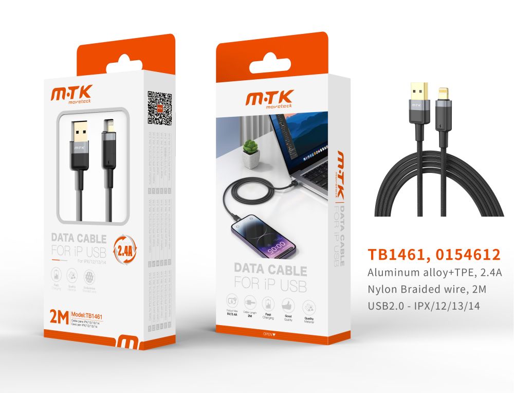 TB1461 NE Luxury Cable de datos Silas nylon trenzado para Iphone 5-14 , 5V/2.4A, 2M, Negro