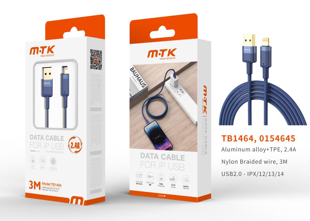 TB1464 AZ Luxury Cable de datos Silas nylon trenzado para Iphone 5-14 , 5V/2.4A, 3M, Azul