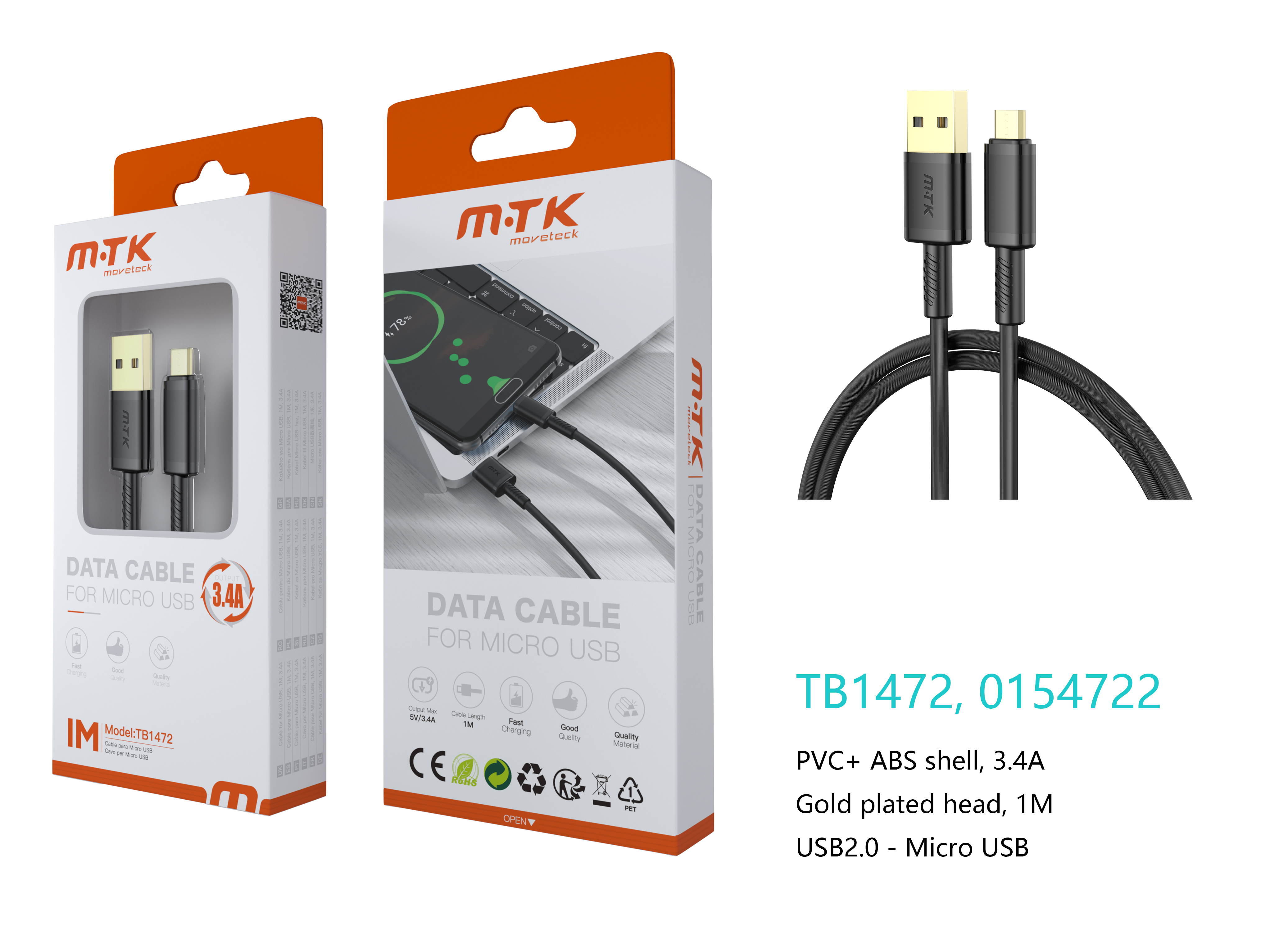 TB1472 NE Luxury Cable de datos Luc  para Micro USB , 5V/3.4A, 1M, Negro