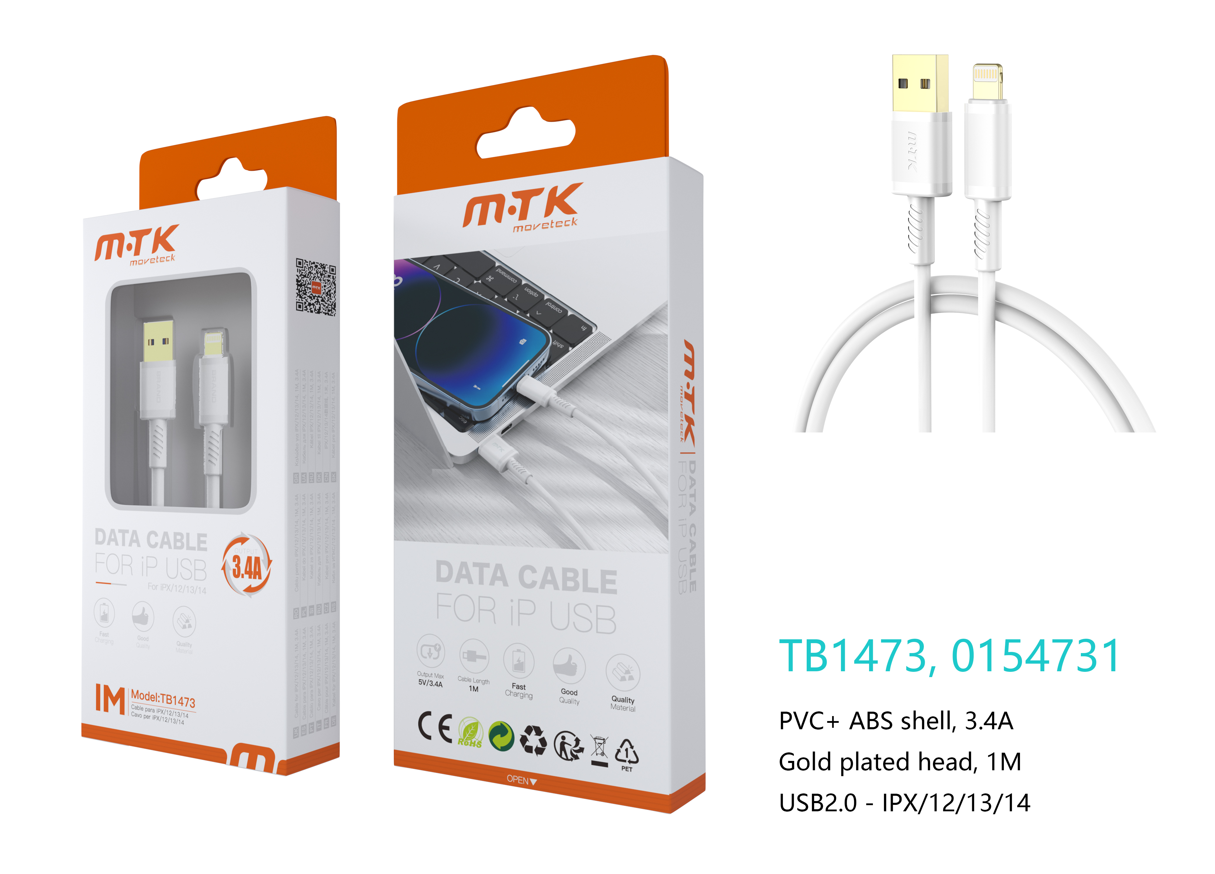 TB1473 BL Luxury Cable de datos Luc  para Iphone 5-14 , 5V/3.4A, 1M, Blanco