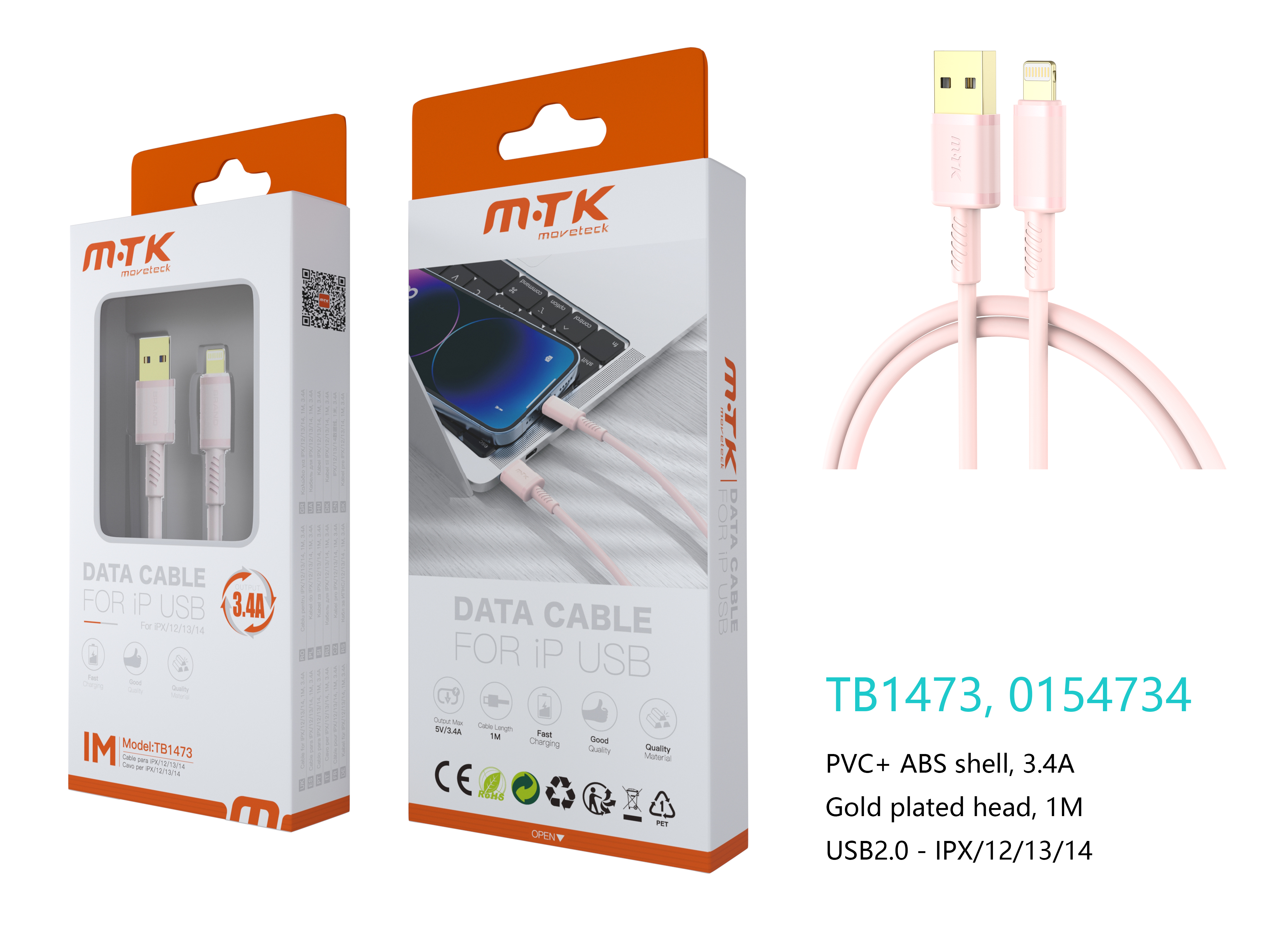 TB1473 RS Luxury Cable de datos Luc  para Iphone 5-14 , 5V/3.4A, 1M, Rosa