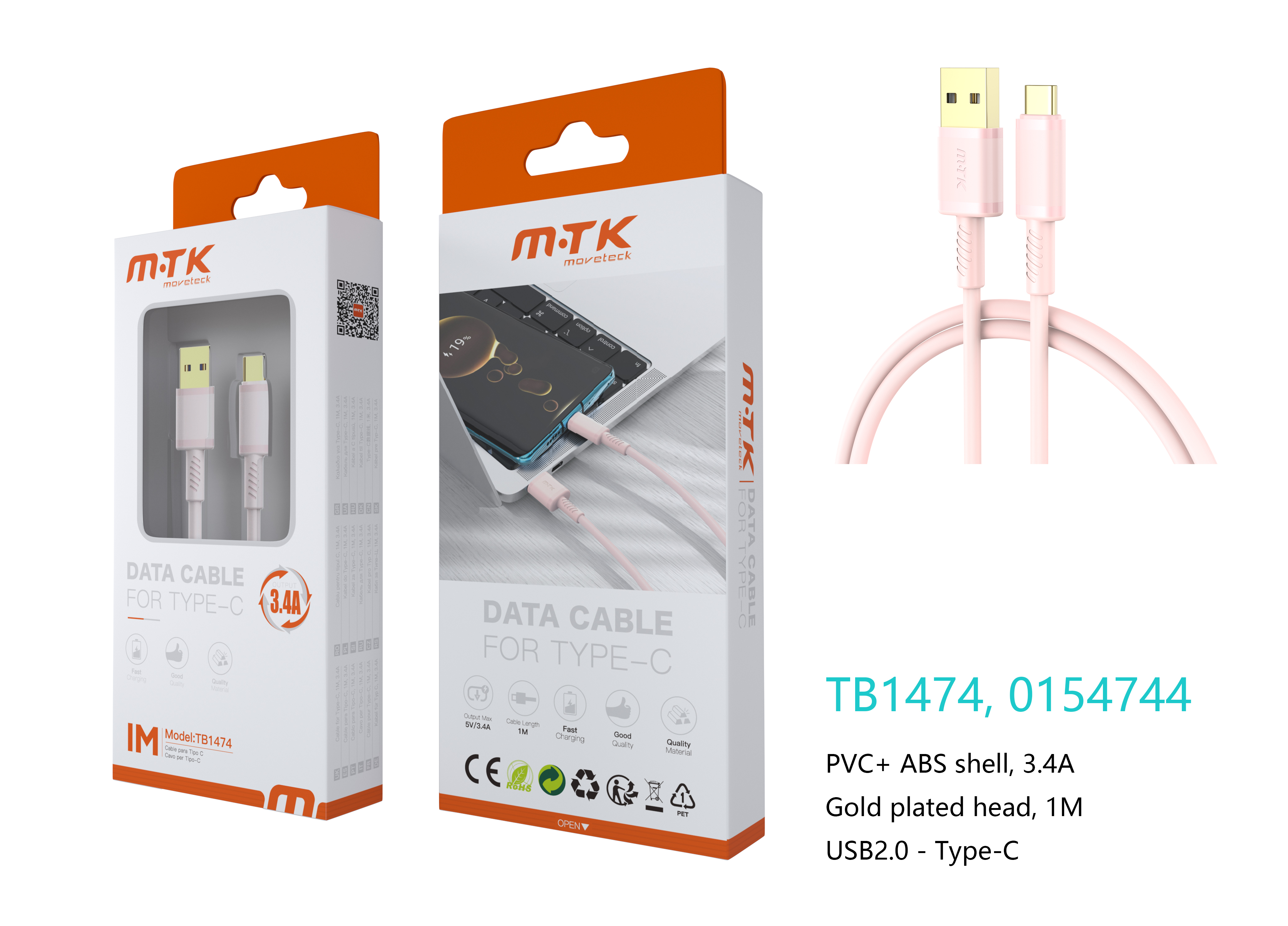 TB1474 RS Luxury Cable de datos Luc  para Type-C , 5V/3.4A, 1M, Rosa
