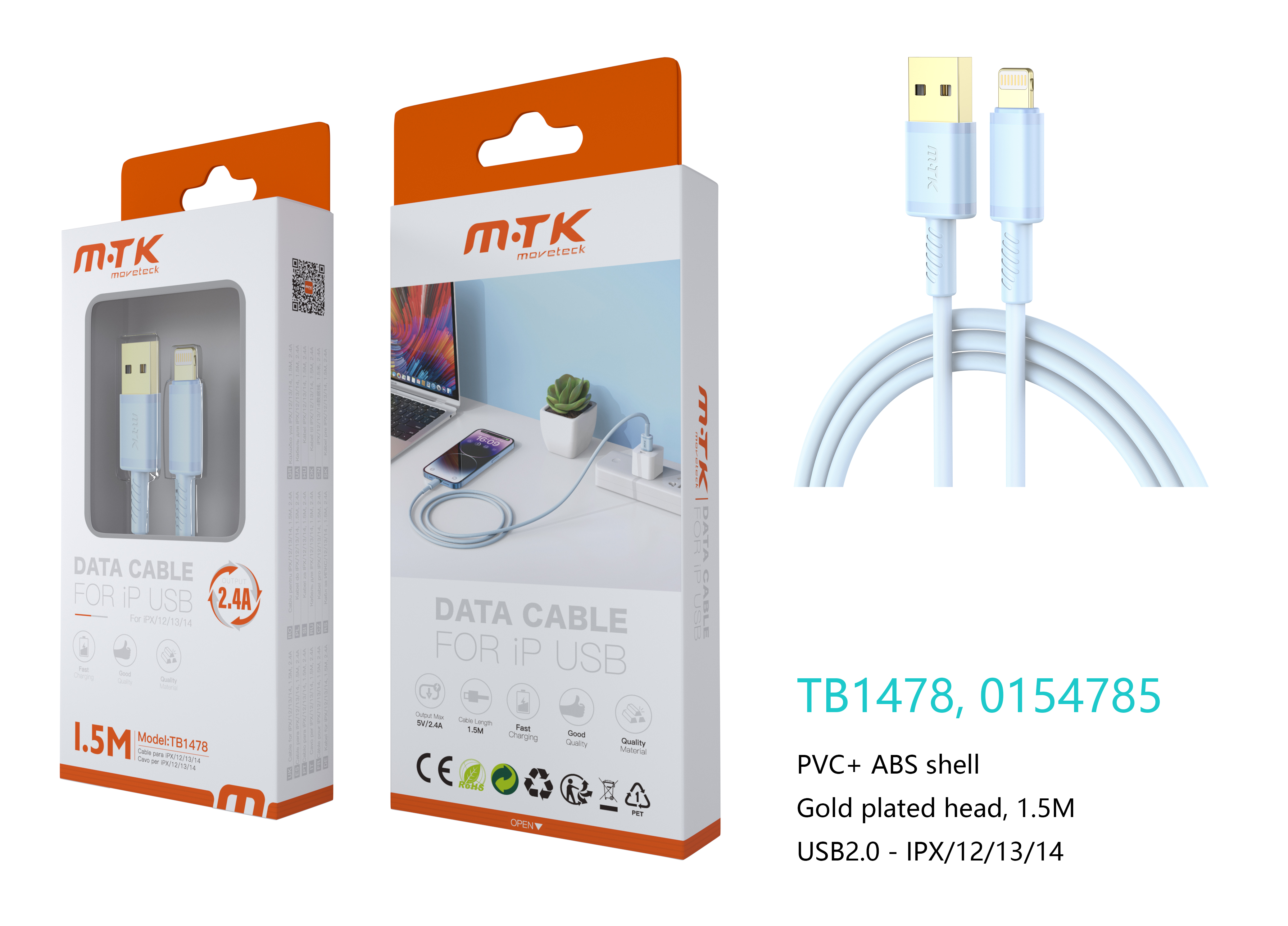 TB1478 AZ Luxury Cable de datos Luc  para Iphone 5-14, 5V/2.4A, 1.5M, Azul