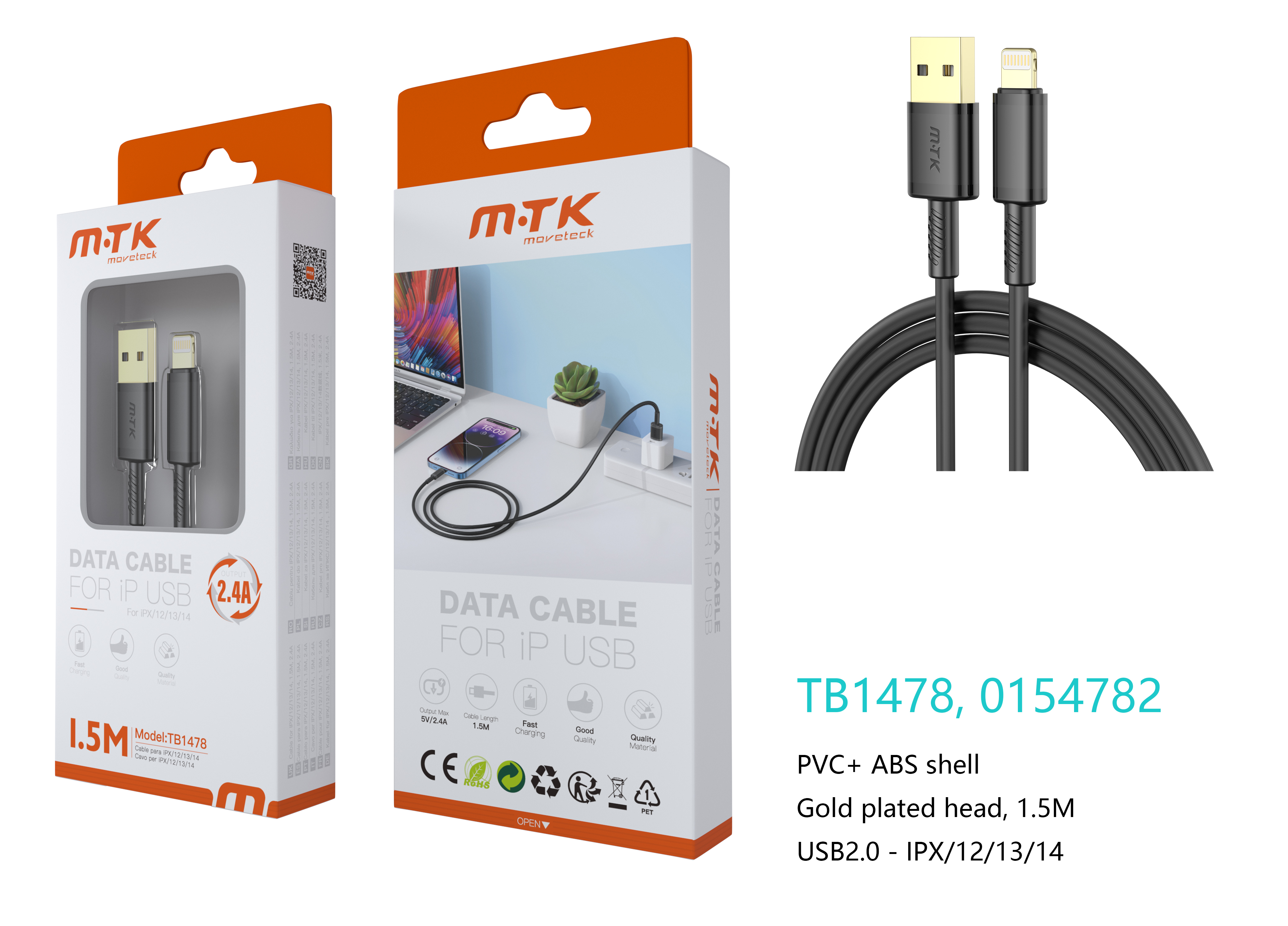 TB1478 NE Luxury Cable de datos Luc  para Iphone 5-14, 5V/2.4A, 1.5M, Negro