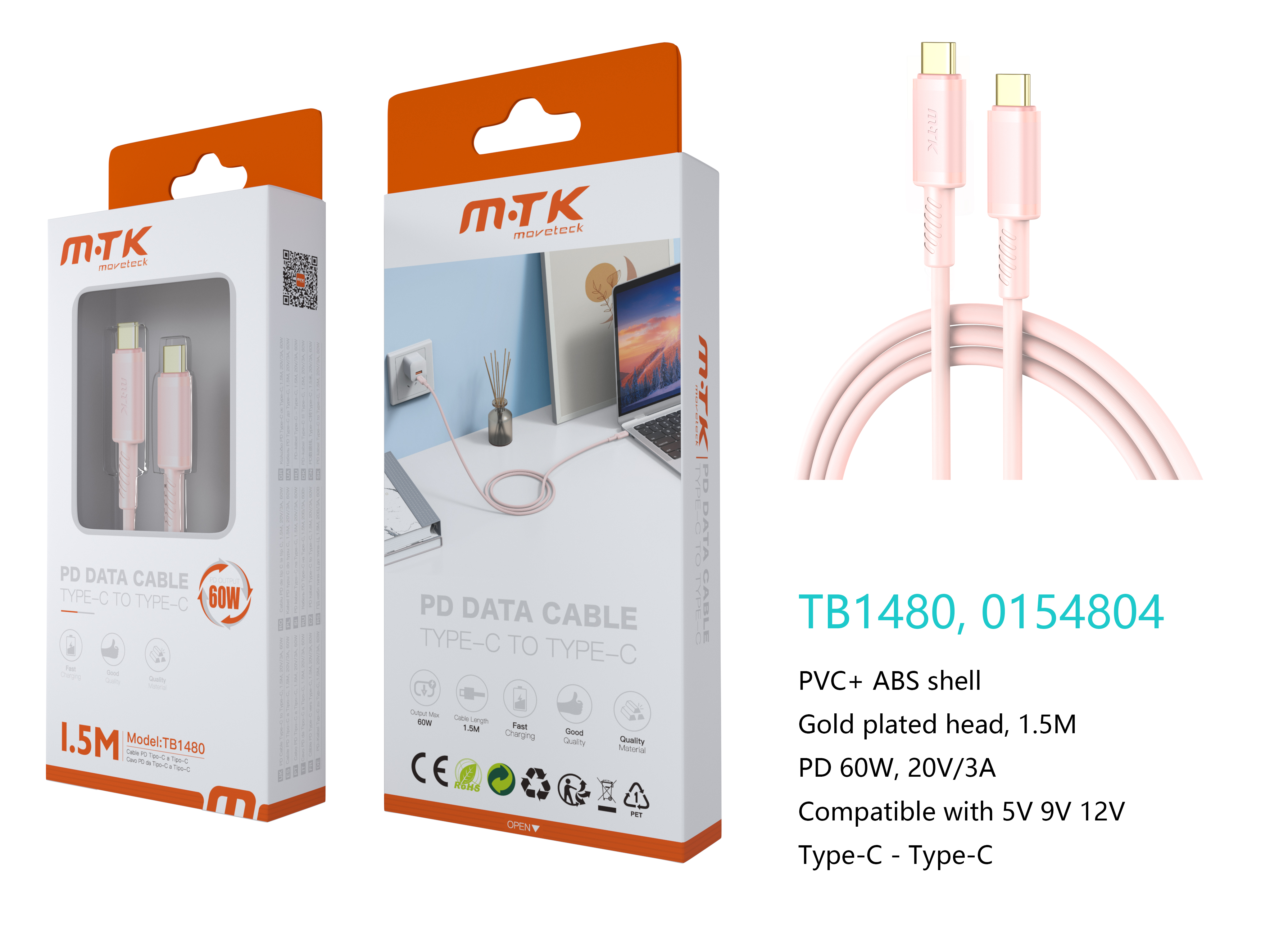 TB1480 RS Luxury Cable de datos Luc  para Type-C a Type-C , Carga Rapida PD, 60W/20V/3A, 1.5M, Rosa