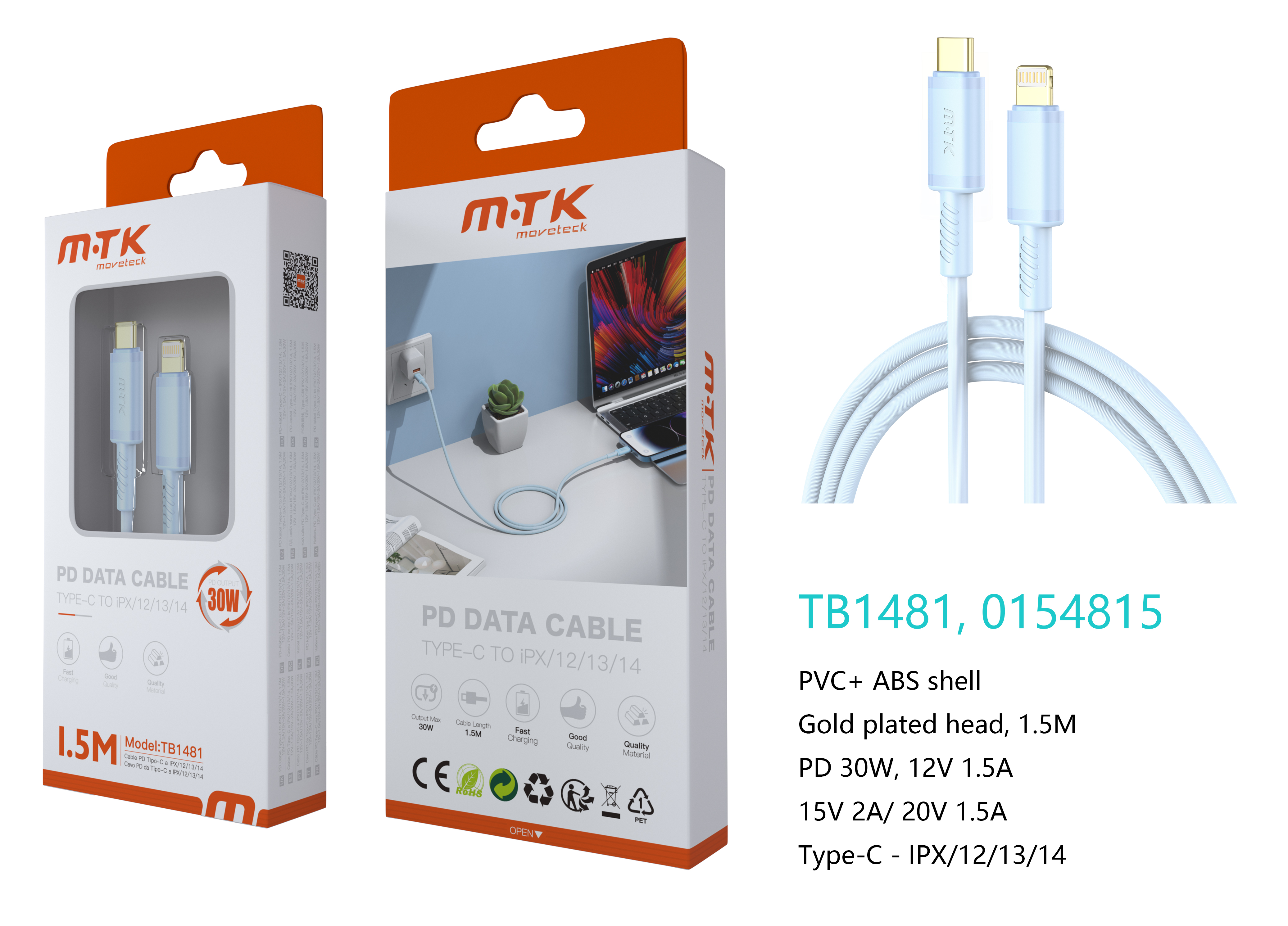 TB1481 AZ Luxury Cable de datos Luc  para Type-C a lightning , Carga Rapida PD,30W/12V/2.5A, 1.5M, A
