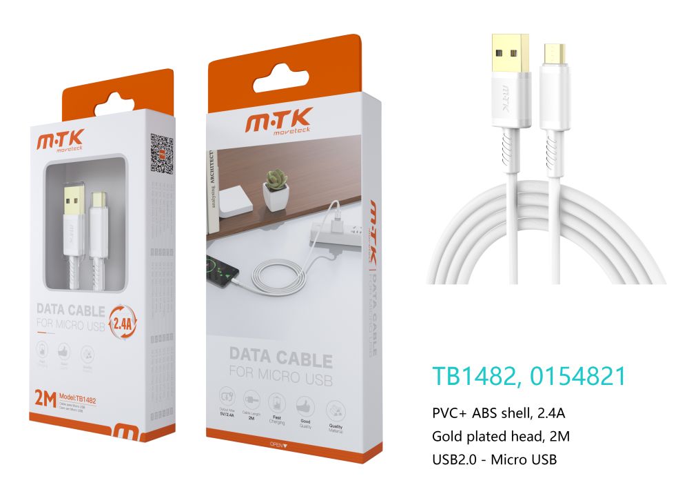 TB1482 BL Luxury Cable de datos Luc  para Micro USB , 5V/2.4A, 2M, Blanco