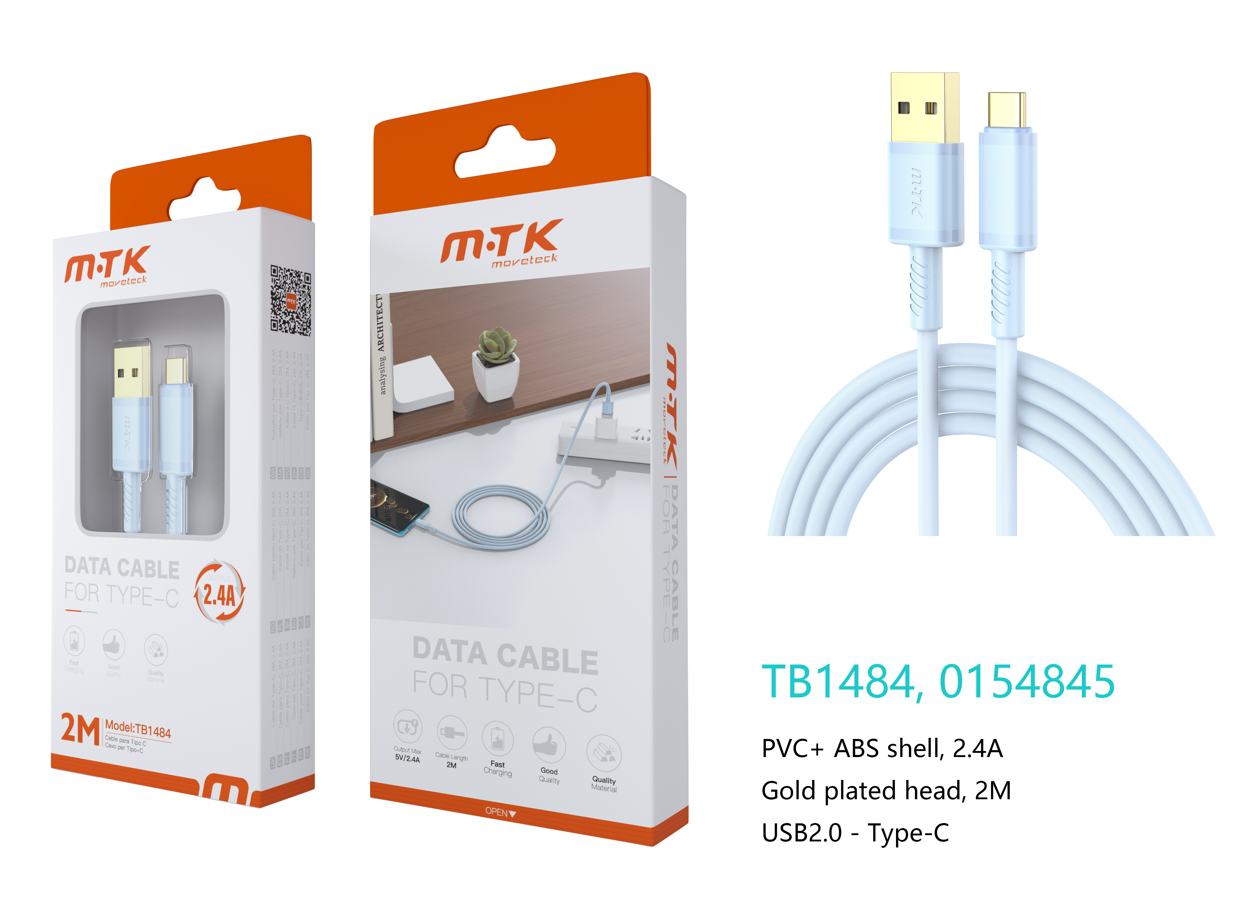 TB1484 AZ Luxury Cable de datos Luc  para Type-C , 5V/2.4A, 2M, Azul
