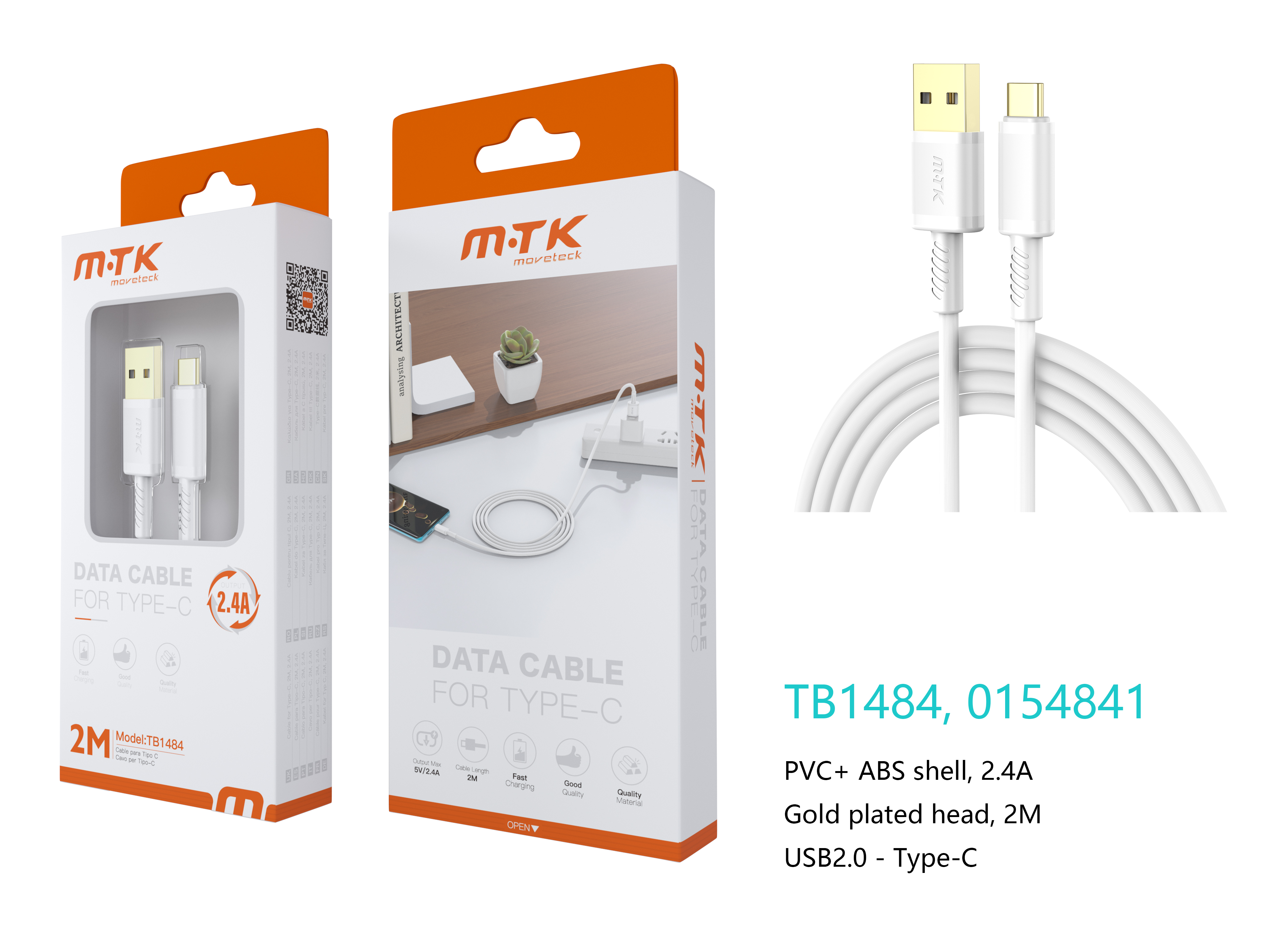 TB1484 BL Luxury Cable de datos Luc  para Type-C , 5V/2.4A, 2M, Blanco