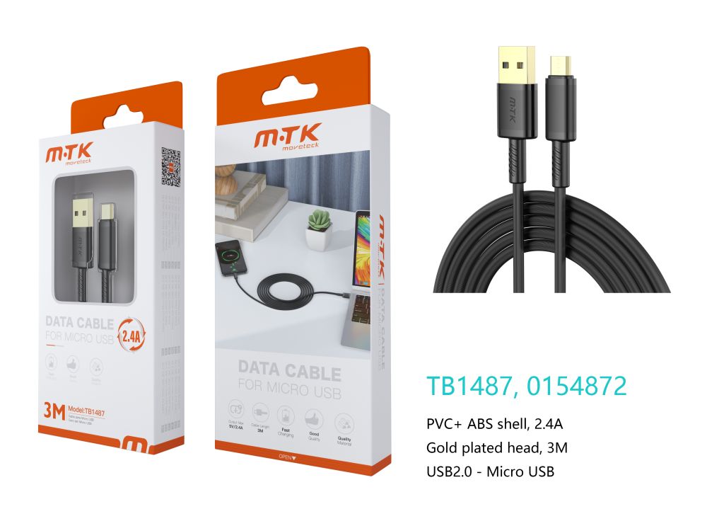 TB1487 NE Luxury Cable de datos Luc  para Micro USB , 5V/2.4A, 3M, Negro