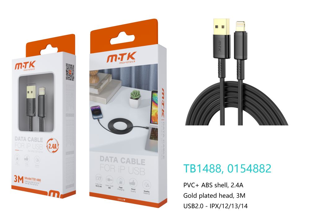 TB1488 NE Luxury Cable de datos Luc  para Iphone 5-14, 5V/2.4A, 3M, Negro