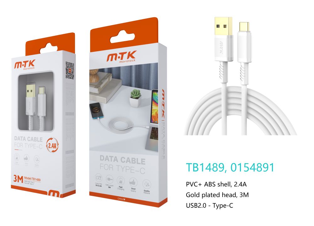 TB1489 BL Luxury Cable de datos Luc  para Type-C , 5V/2.4A, 3M, Blanco