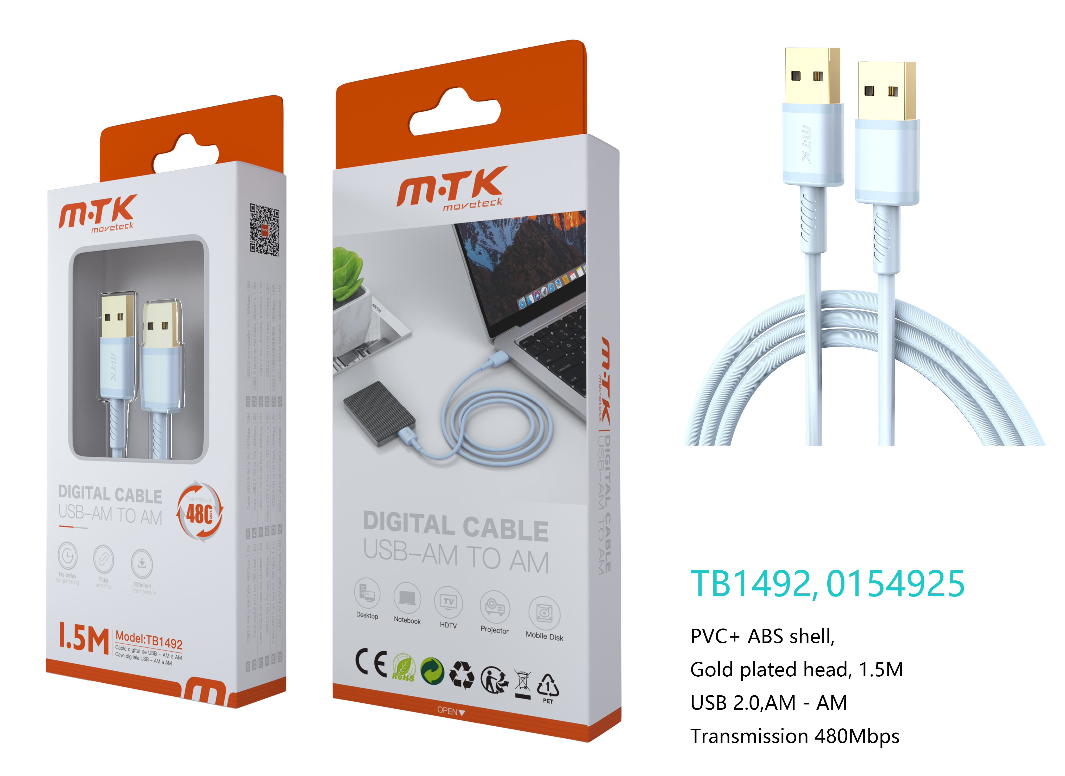 TB1492 AZ Luxury Cable USB 2.0 Macho a Macho, 480Mbps, 1.5M , Azul