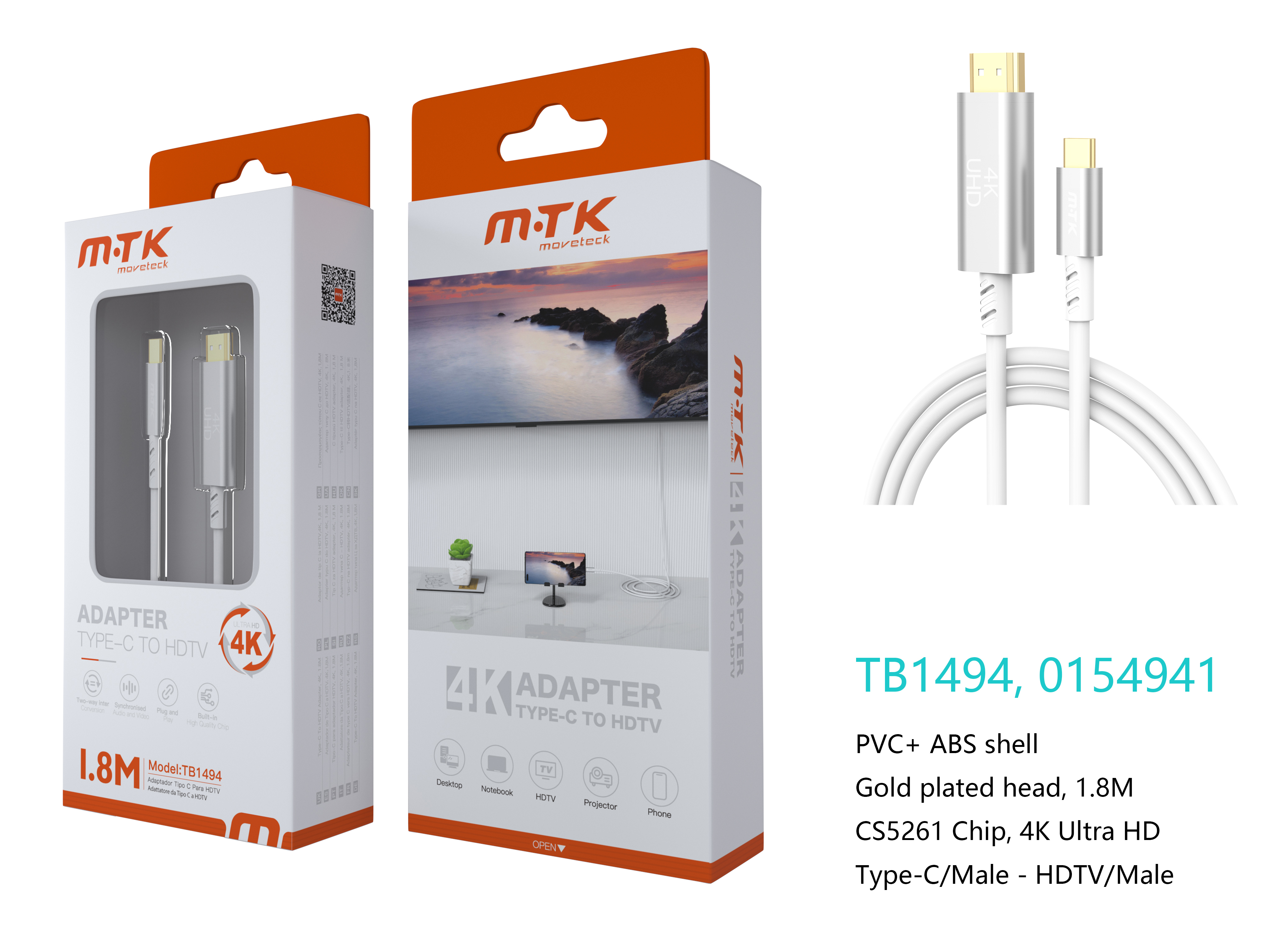 TB1494 BL Luxury Adaptador Type-C(Macho) a HDMI(Macho), 4K/30Hz, Cable 1.8M, Blanco