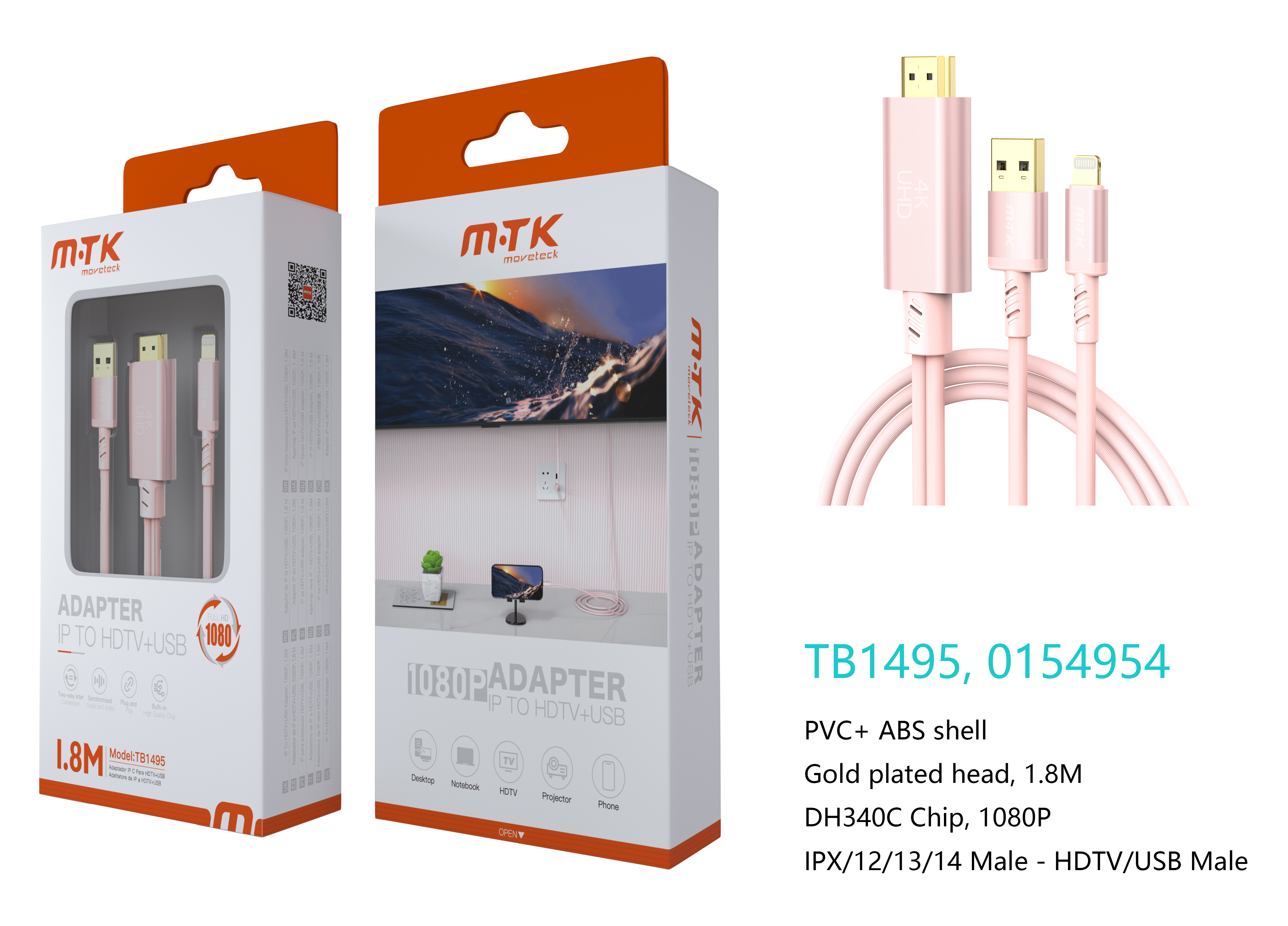 TB1495 RS Luxury Adaptador 2 en 1 Lightning(Macho) a HDMI+USB 2.0(Macho), 1080P, Cable 1.8M, Rosa