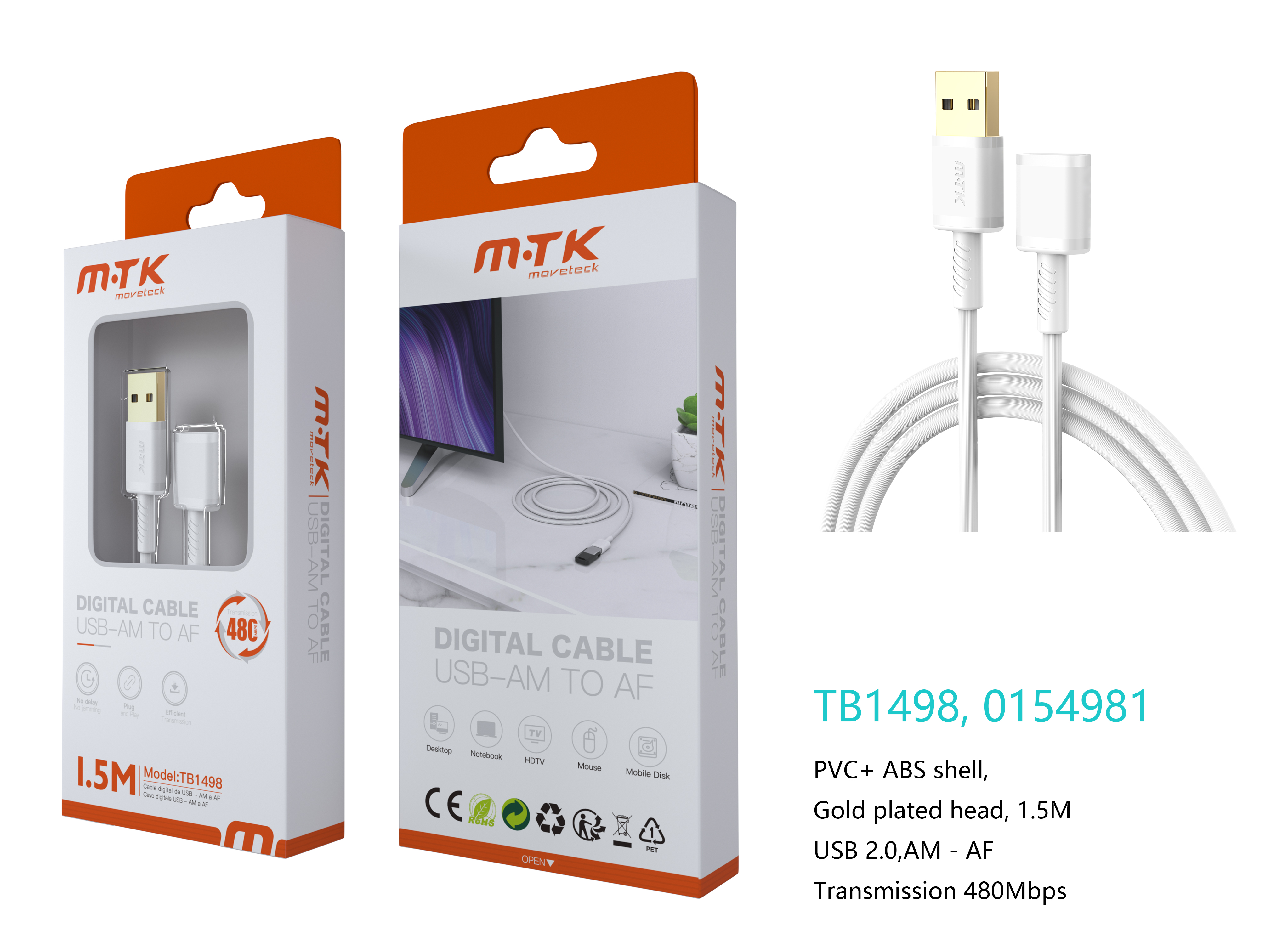 TB1498 BL Luxury Cable USB 2.0 Macho a Hembra, 480Mbps, 1.5M , Blanco