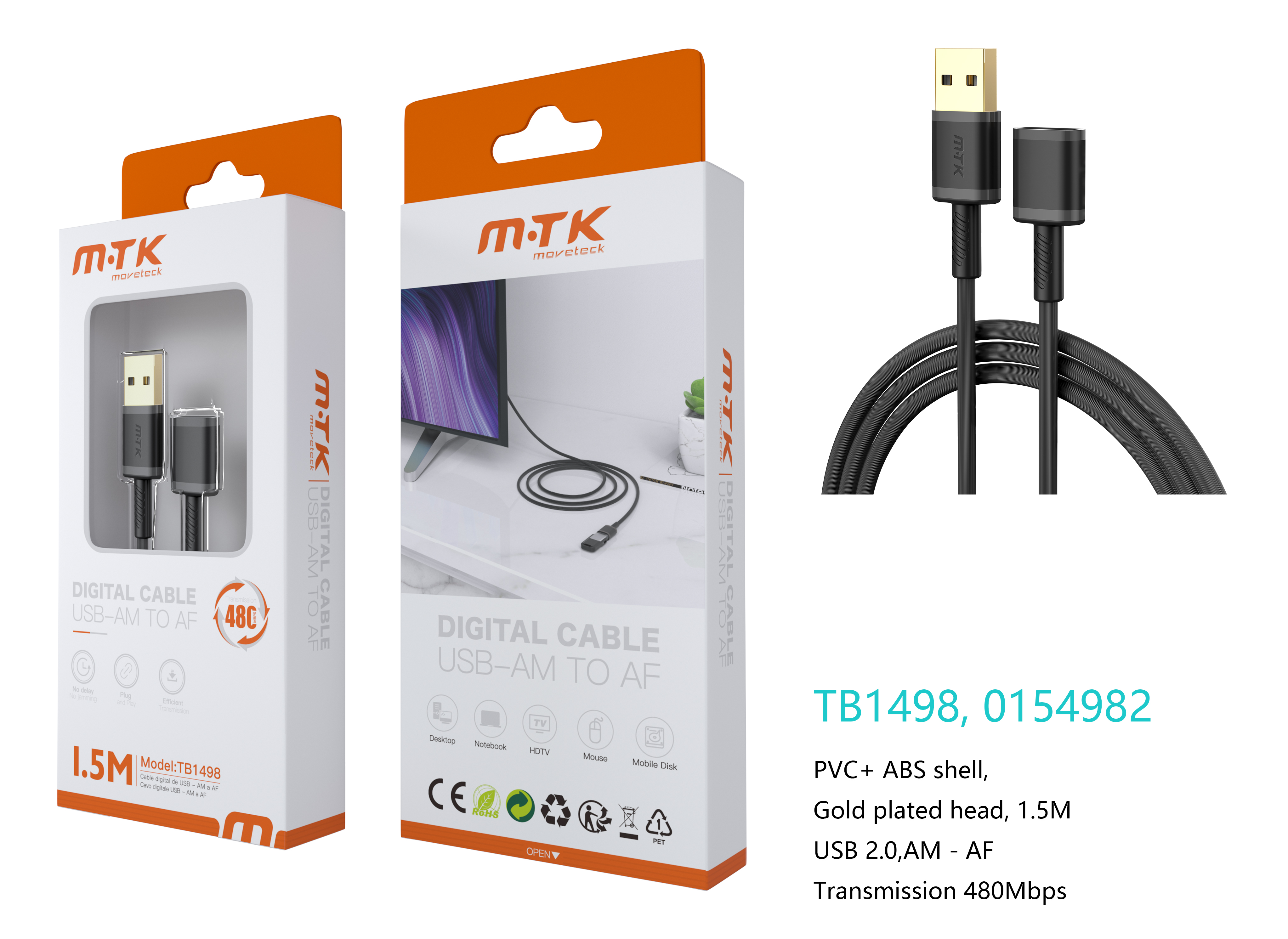 TB1498 NE Luxury Cable USB 2.0 Macho a Hembra, 480Mbps, 1.5M , Negro