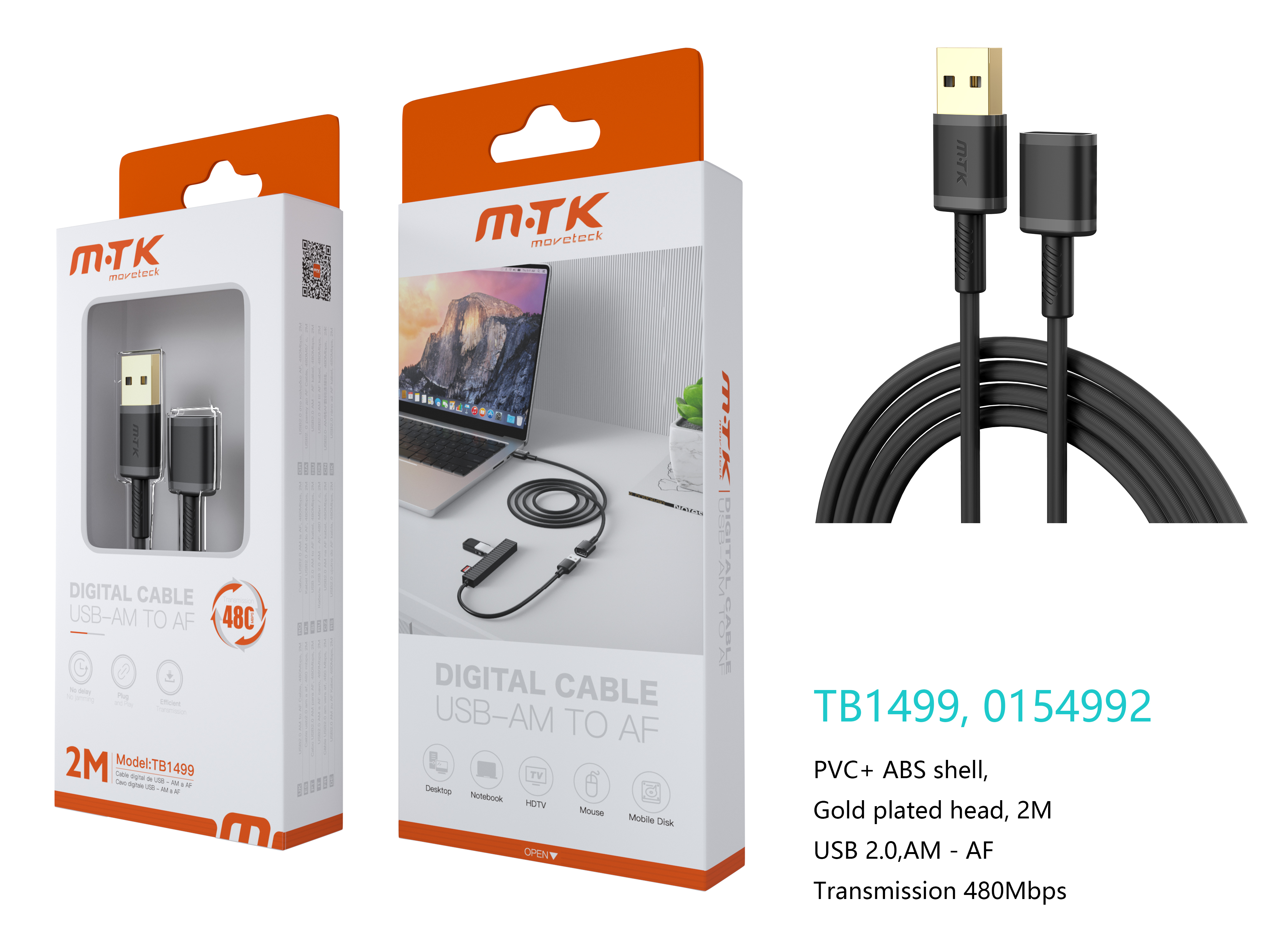 TB1499 NE Luxury Cable USB 2.0 Macho a Hembra, 480Mbps, 2M , Negro