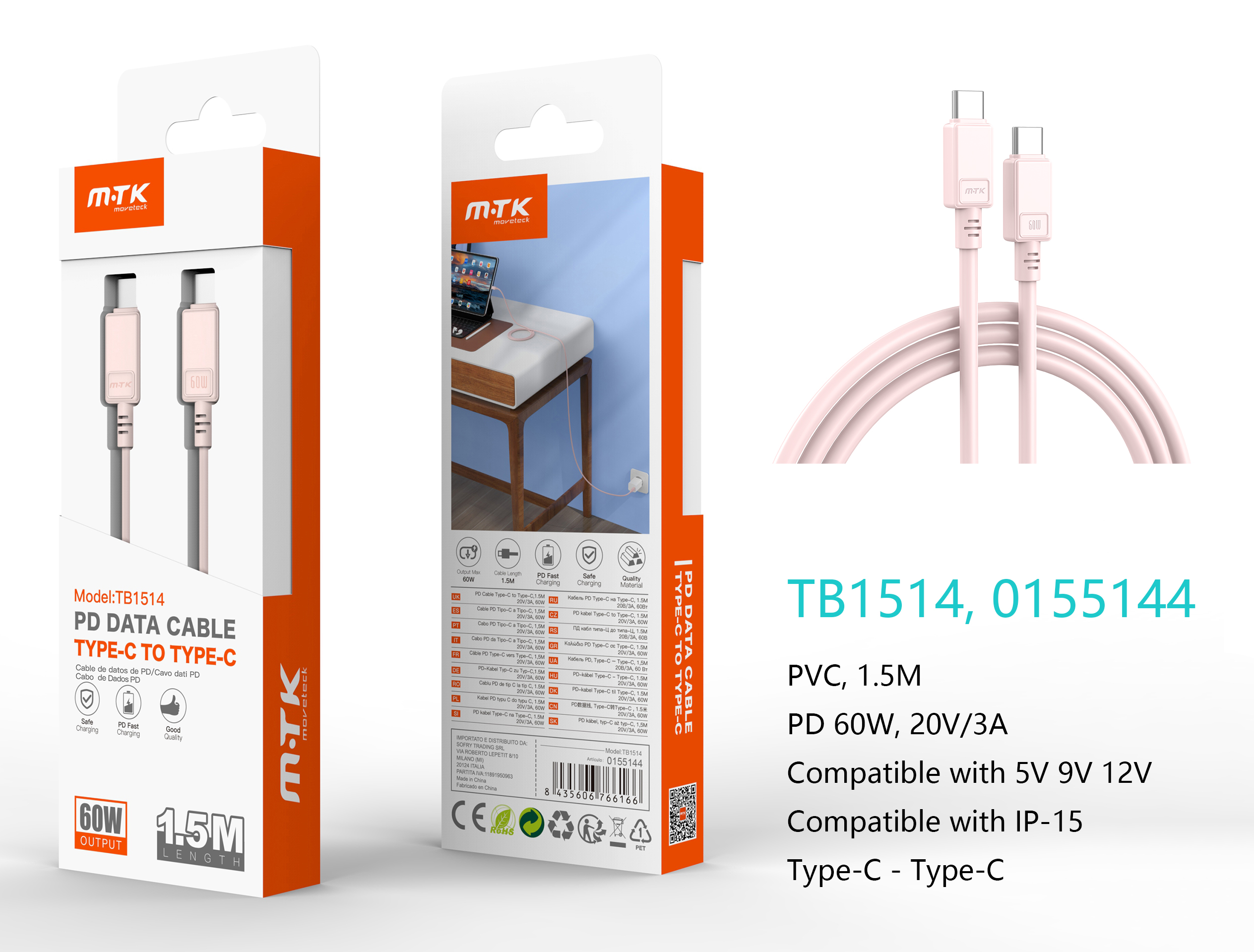 TB1514 BL Cable de Datos Lucie Type-C a Type-C, Carga Rapida 60W 20V/3A, Compatible con Apple Type-C