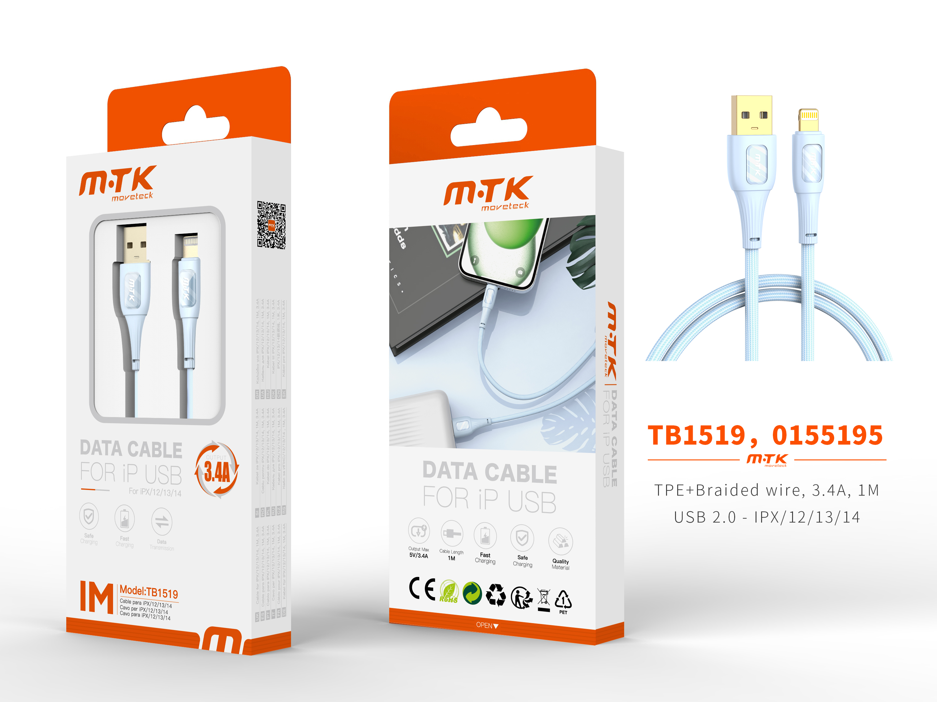 TB1519 AZ Luxury Cable de datos Yuri nylon trenzado para Iphone 5-14 , 5V/3.4A, 1M, Azul