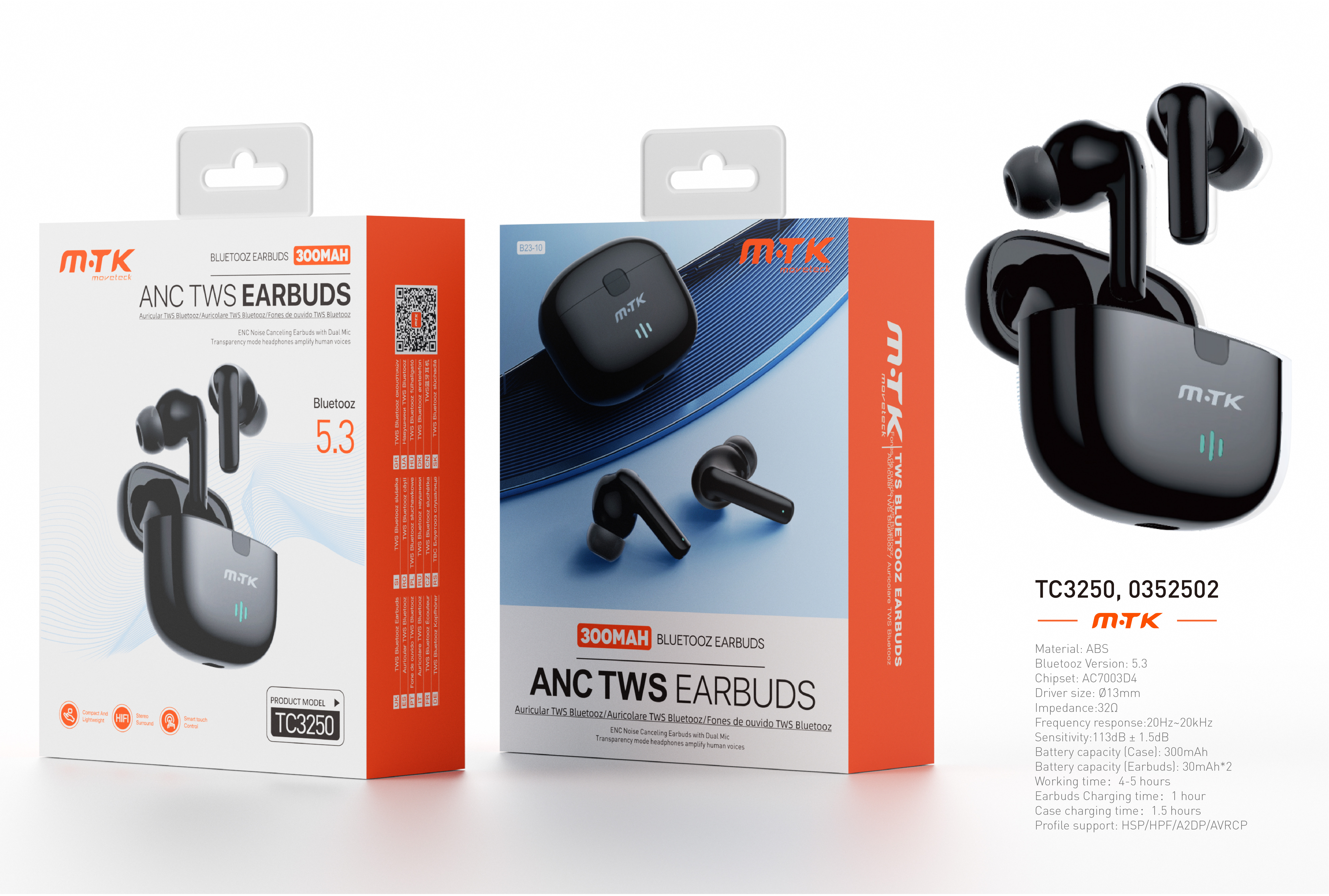TC3250 NE Auriculares TWS Bluetooth 5.3, Bateria (30mAh*2)Con Estuche Recargable 300mAh, Negro