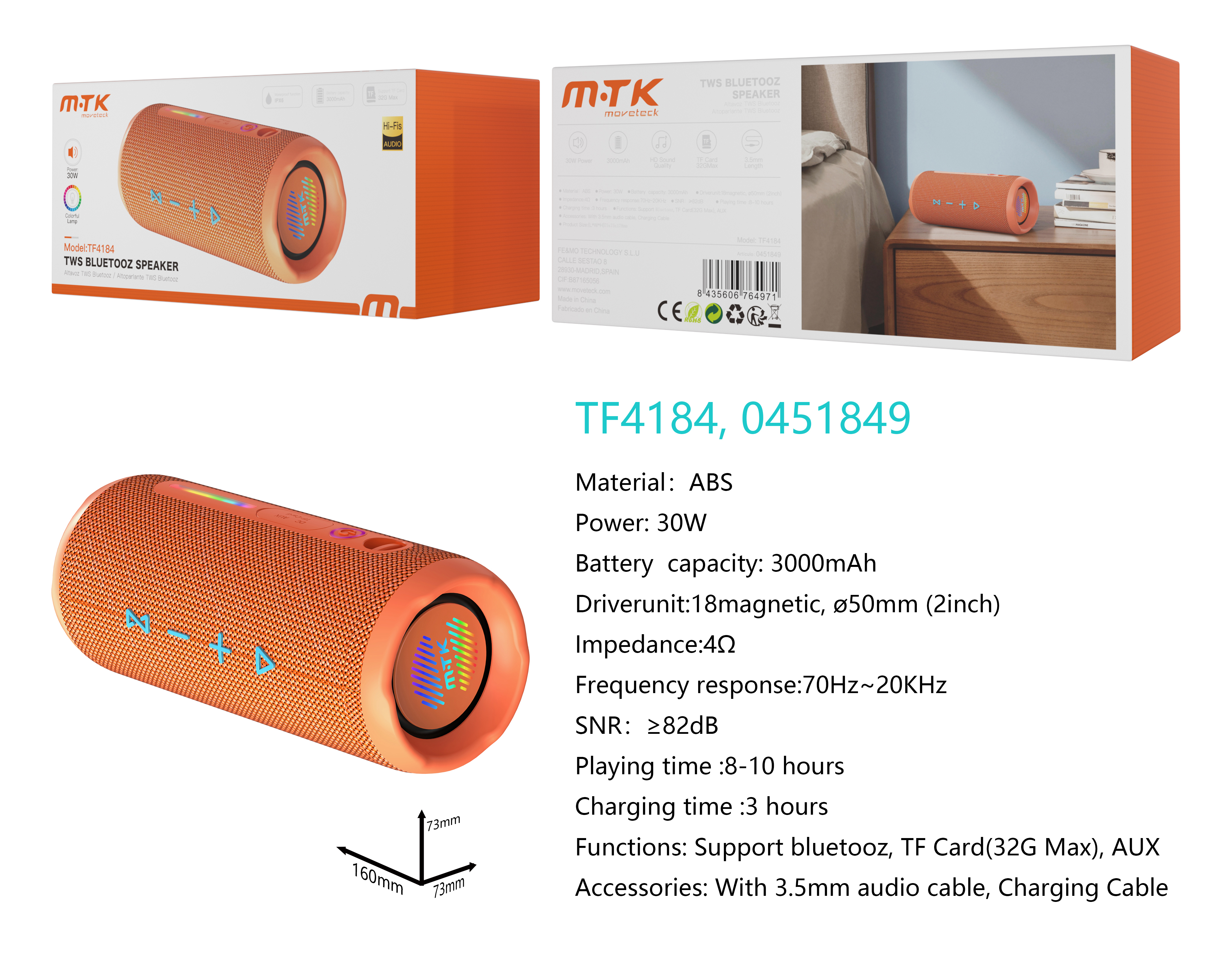 TF4184 NR Luxury Altavoz TWS HIFI con Bluetooth, Luz RGB , Soporta AUX/TF(32G Max), 30W, Bateria 300