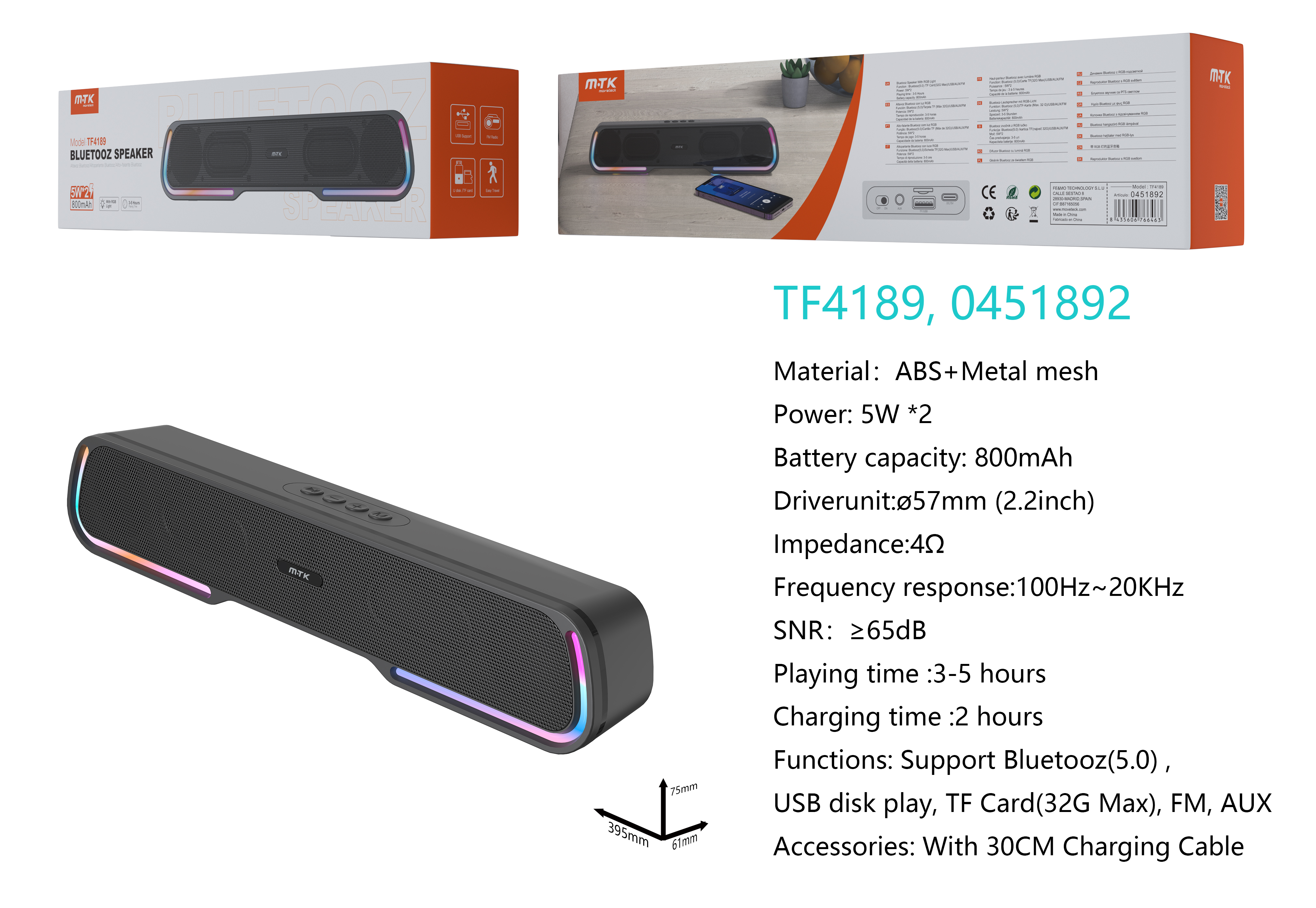 TF4189 NE Altavoz  Bluetooth 5.0 Con Luz LED RGB, Soporta Entrada de USB/FM/AUX/TF(Max 32G), Bateria