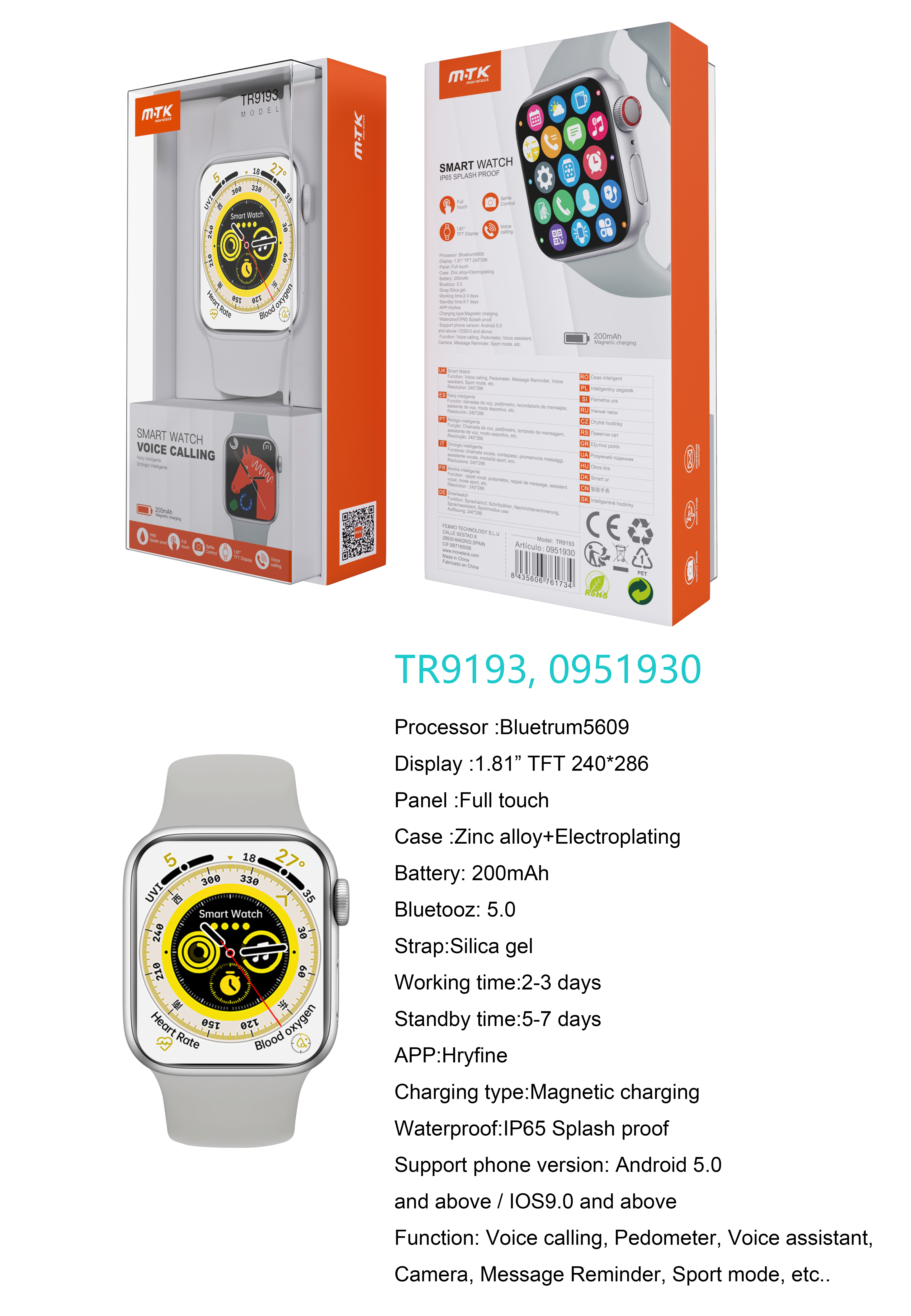 TR9193  BL Reloj Inteligente con bluetooth 5.0, Pantalla tactil de 1.81 pulgadas, Soporta llemadas, Asistente de Voz,Impermeable IP65, Bateria 200mAh,