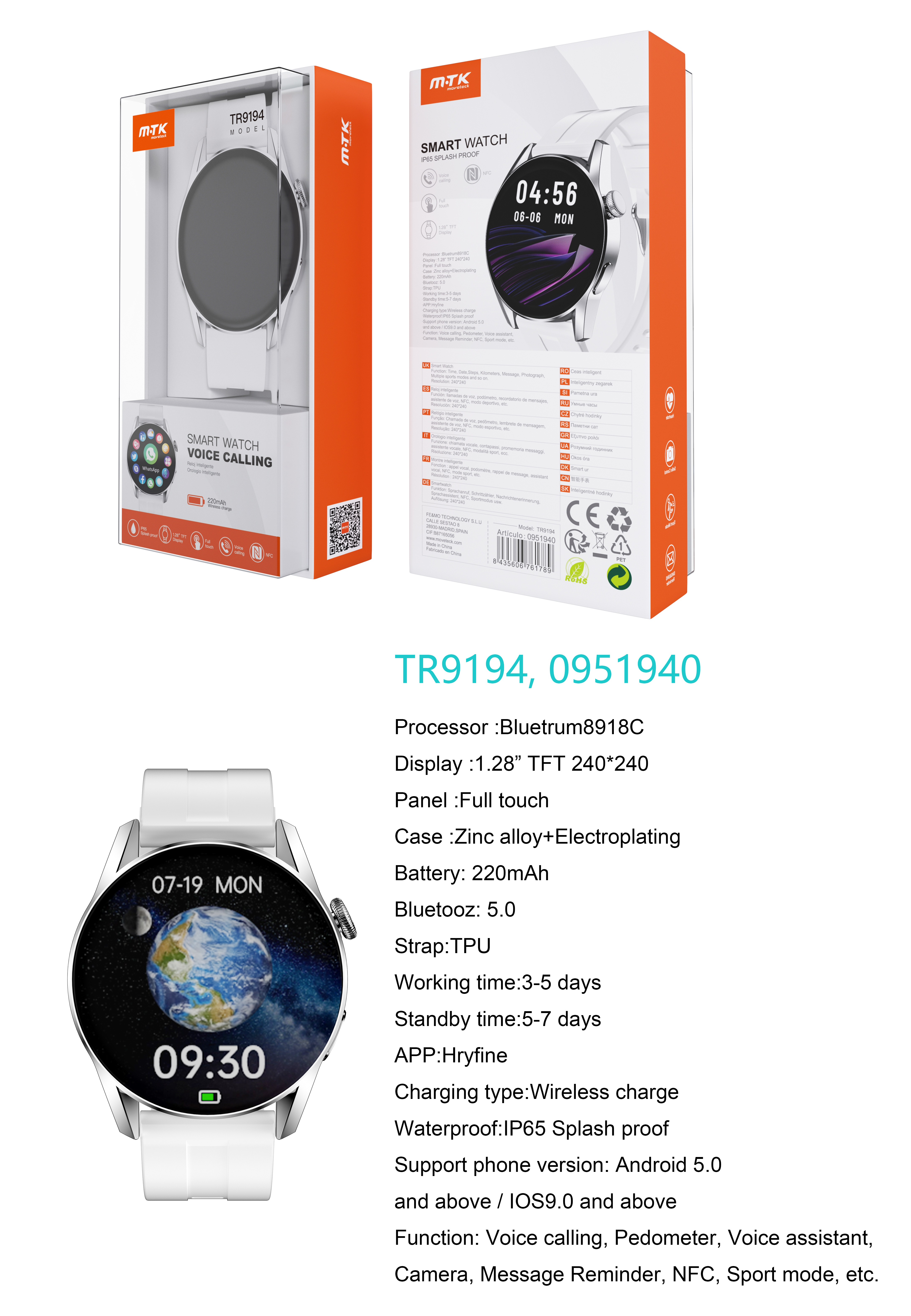 TR9194 BL Reloj Inteligente con bluetooth 5.0, Pantalla tactil de 1.28 pulgadas, Soporta NFC, llemadas, Asistente de Voz,Impermeable IP65, Bateria 220