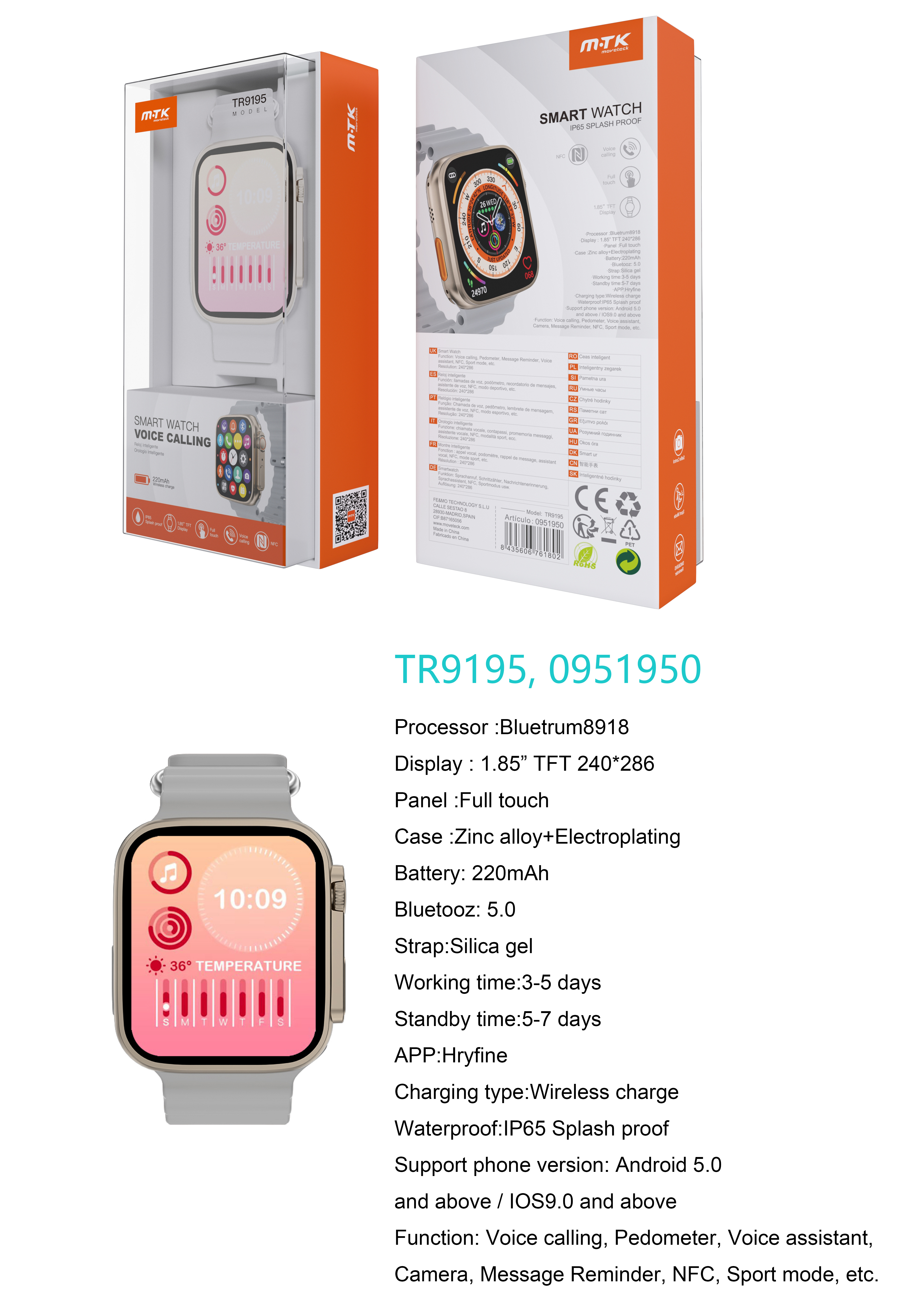TR9195 BL Reloj Inteligente con bluetooth 5.0, Pantalla tactil de 1.85 pulgadas, Soporta NFC, llemadas, Asistente de Voz,Impermeable IP65, Bateria 220