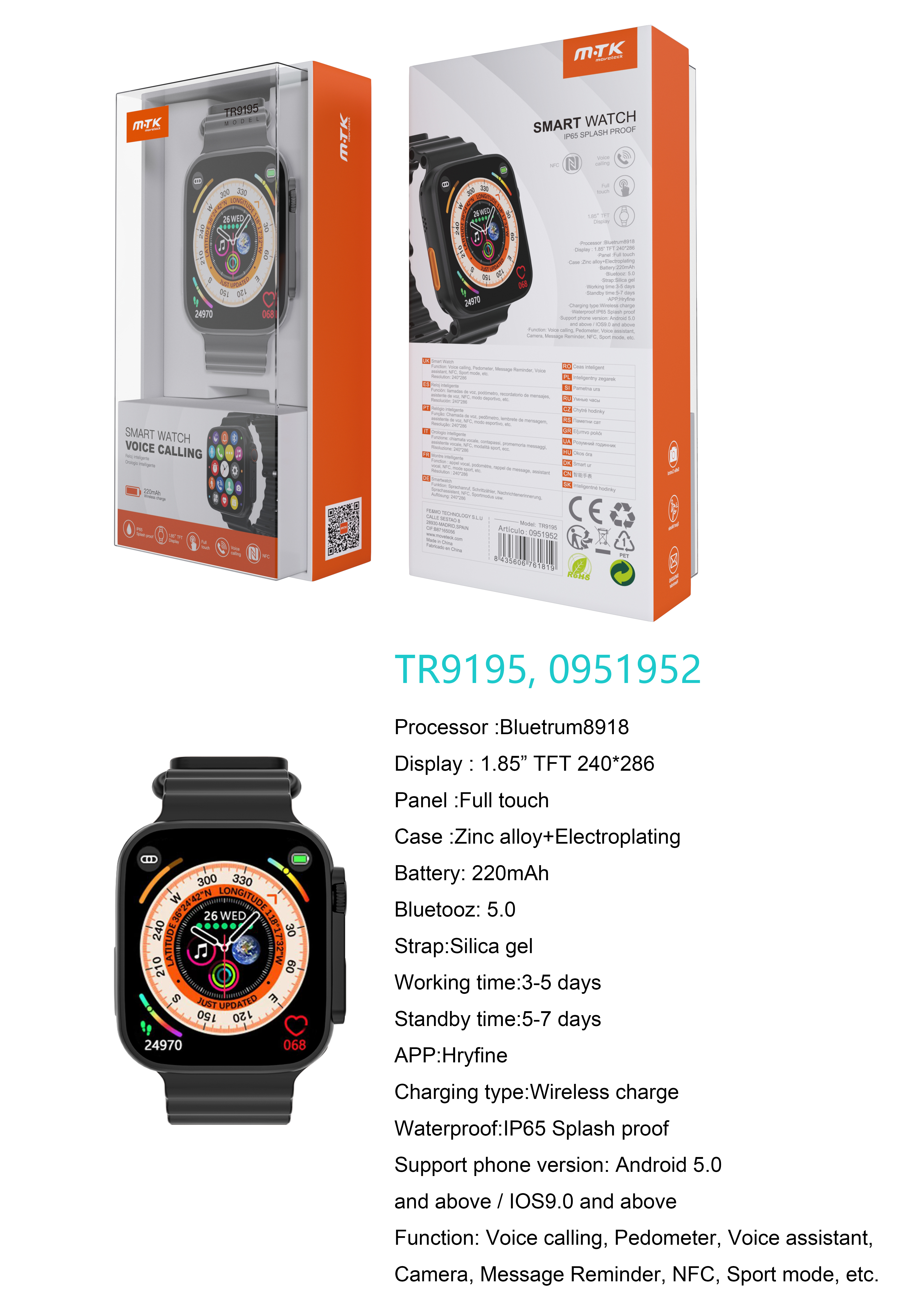 TR9195 NE Reloj Inteligente con bluetooth 5.0, Pantalla tactil de 1.85 pulgadas, Soporta NFC, llemadas, Asistente de Voz,Impermeable IP65, Bateria 220