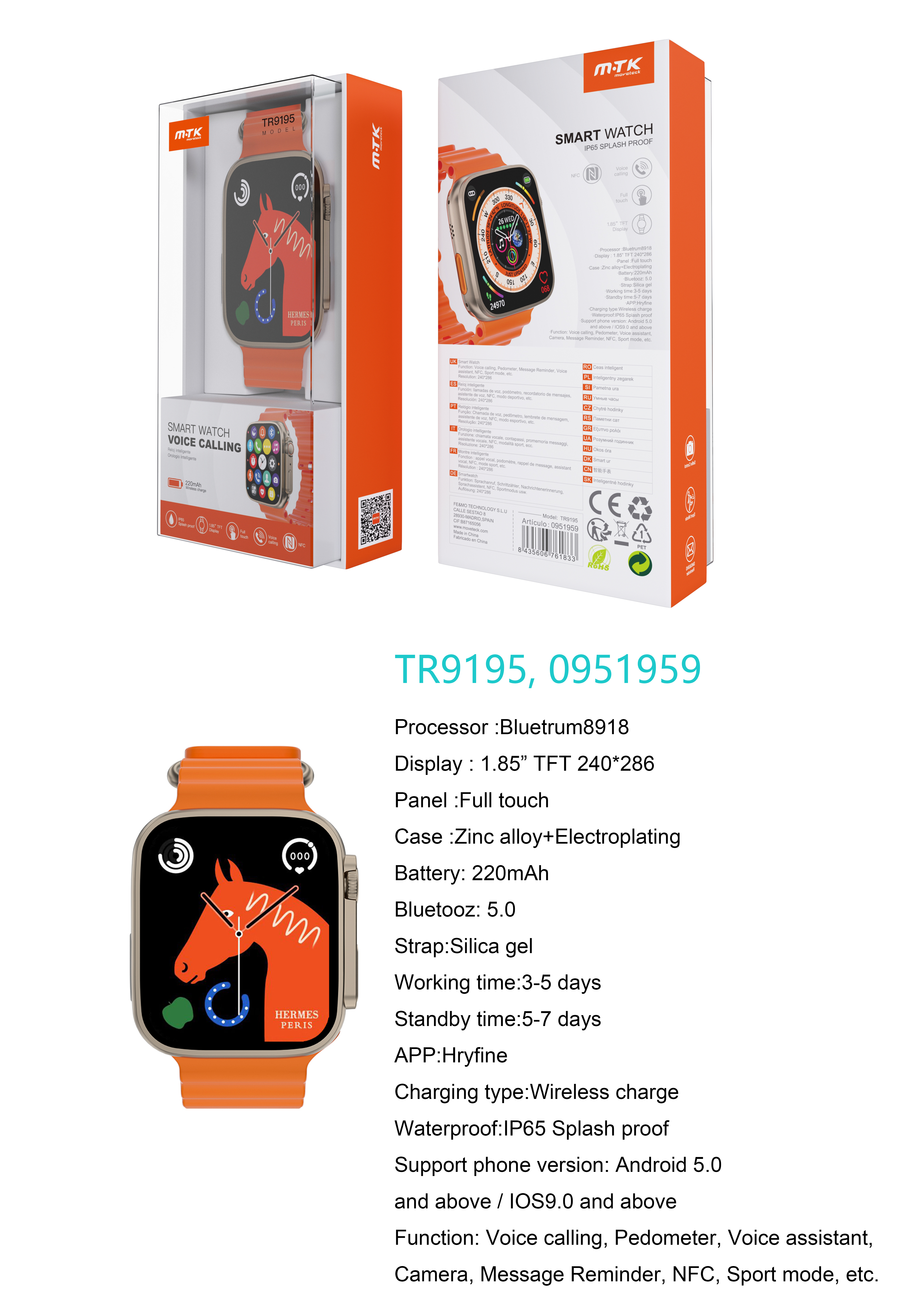 TR9195 OR Reloj Inteligente con bluetooth 5.0, Pantalla tactil de 1.85 pulgadas, Soporta NFC, llemadas, Asistente de Voz,Impermeable IP65, Bateria 220