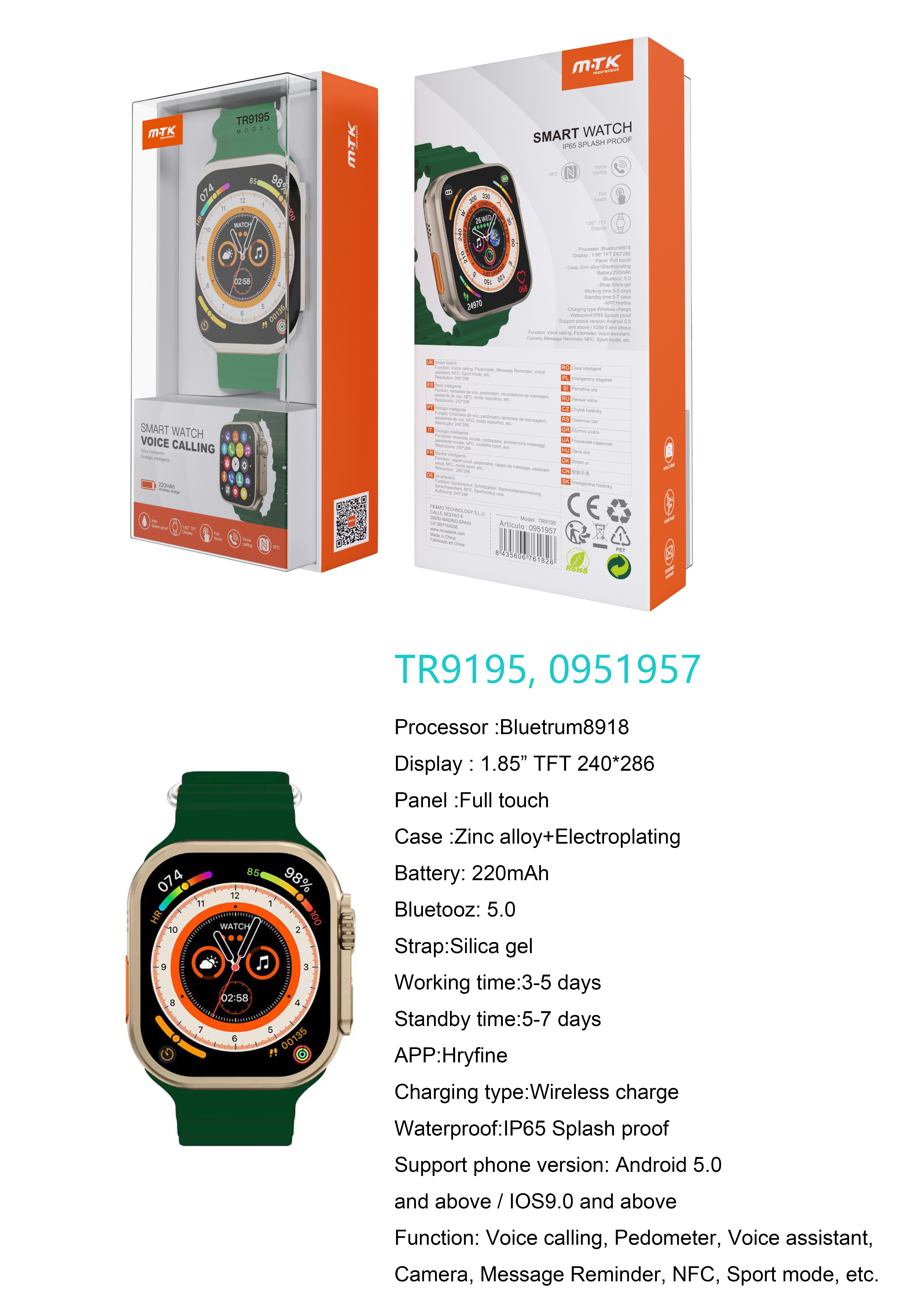 TR9195 VE Reloj Inteligente con bluetooth 5.0, Pantalla tactil de 1.85 pulgadas, Soporta NFC, llemadas, Asistente de Voz,Impermeable IP65, Bateria 220