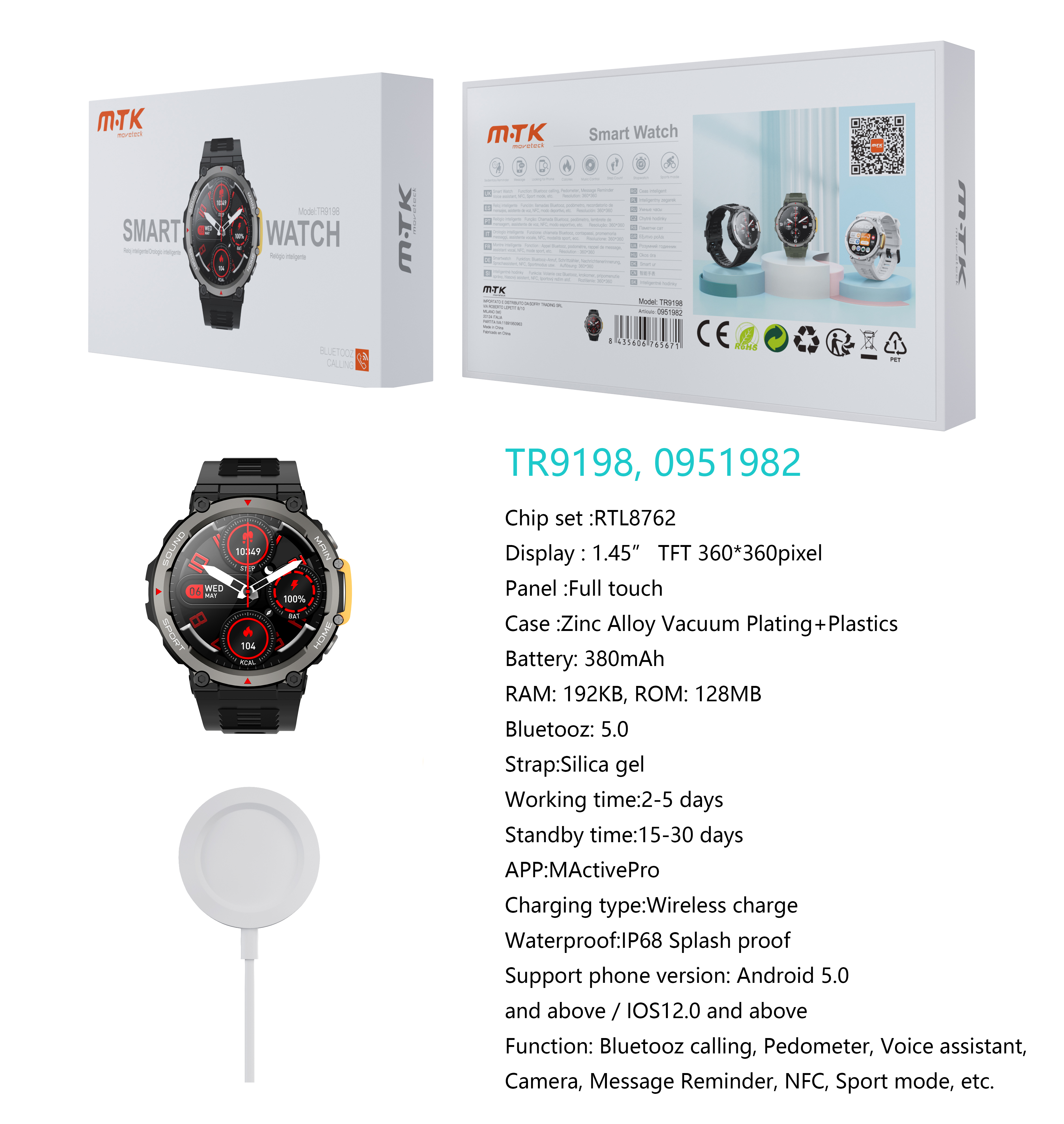 TR9198 NE Reloj Inteligente con bluetooth 5.0, Pantalla tactil de 1.45 pulgadas Con Cargador inalambrico, Soporta NFC de Puerta Inteligente, llemadas,