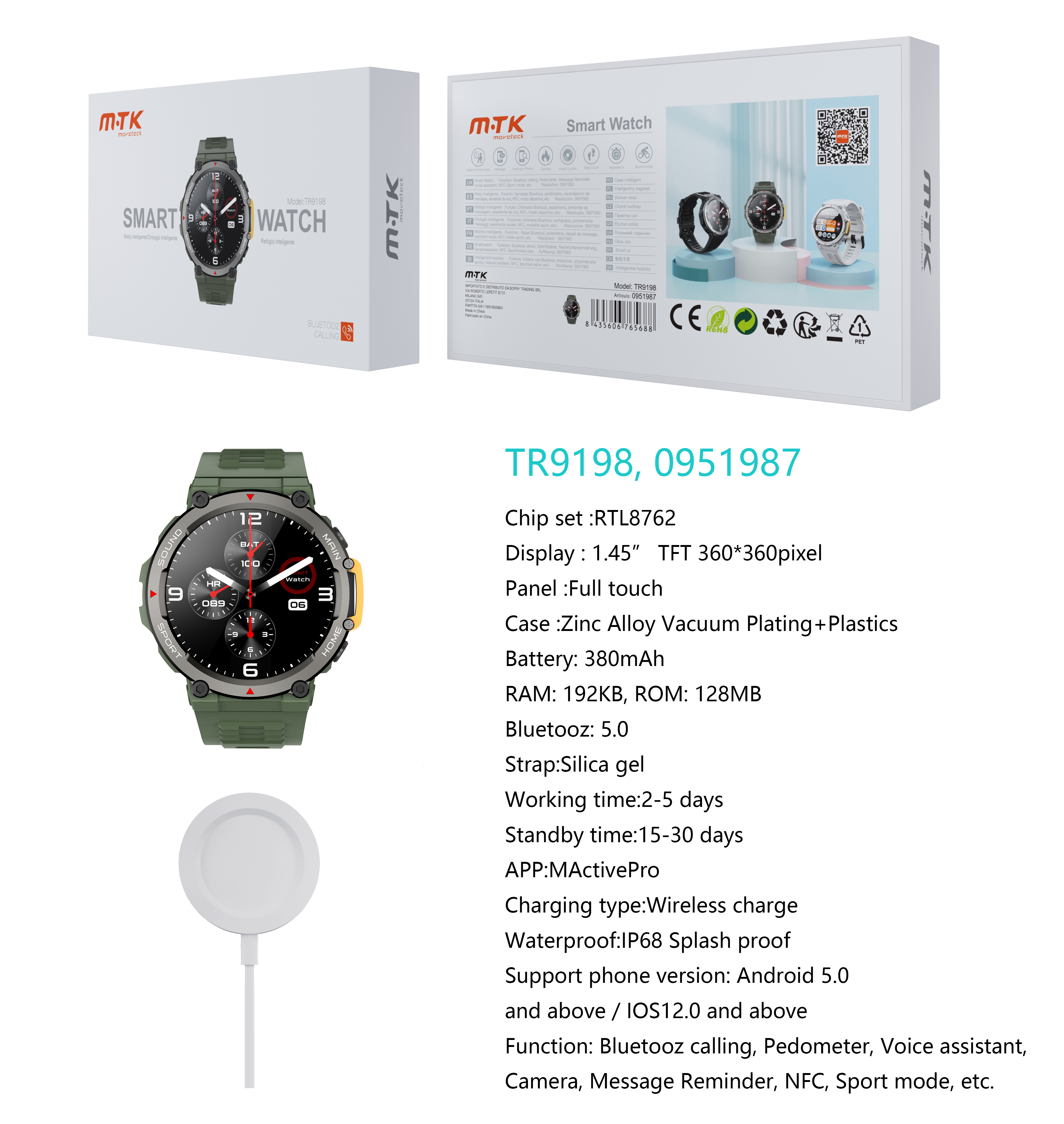 TR9198 VE Reloj Inteligente con bluetooth 5.0, Pantalla tactil de 1.45 pulgadas Con Cargador inalambrico, Soporta NFC de Puerta Inteligente, llemadas,
