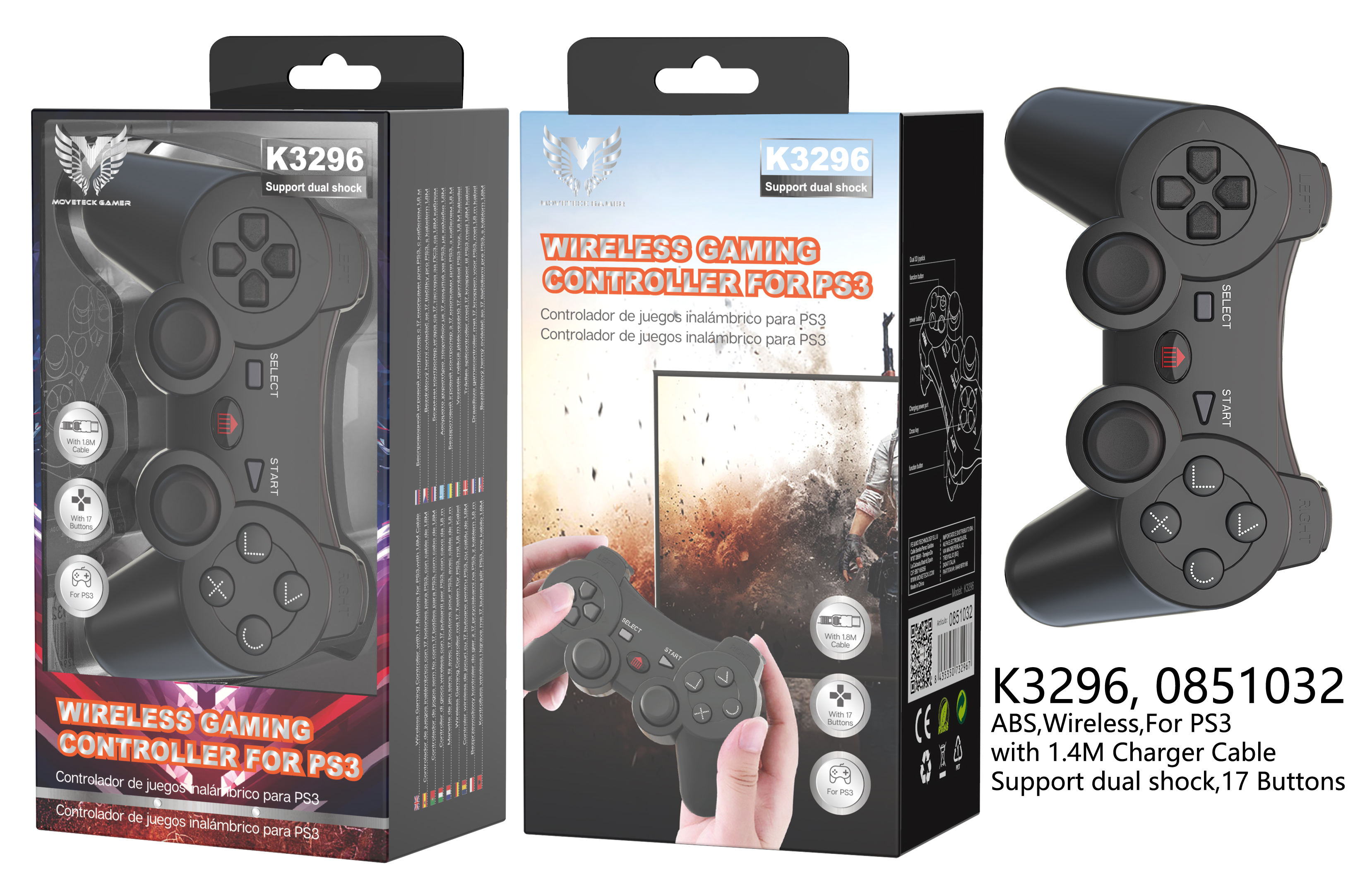 06020092 K3296 NE Mando Bluetooth para PS3, Negro