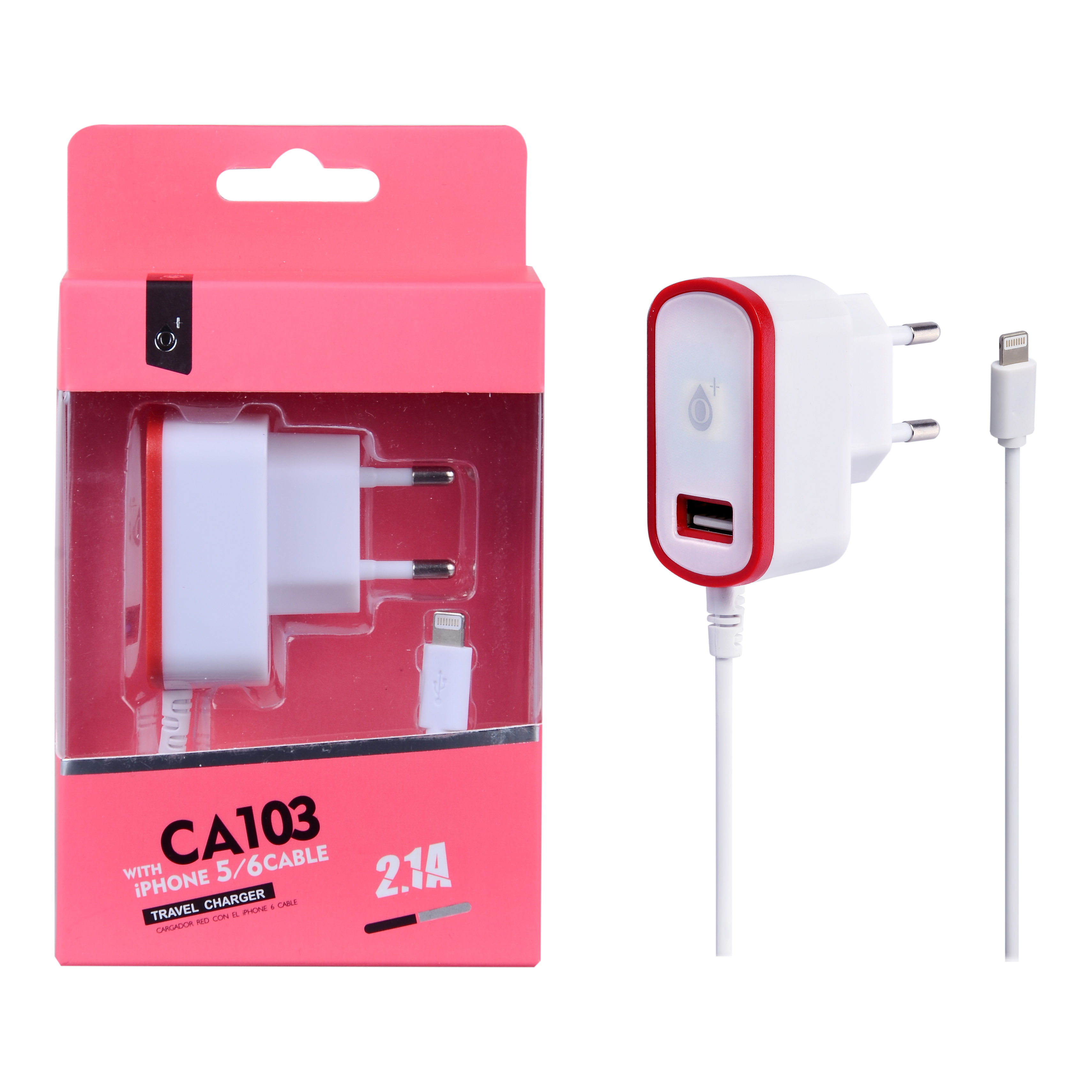 21101033 CA103 RJ Cargador Red Twin para Iphone 5/6/7 con 1USB, 2A Rojo