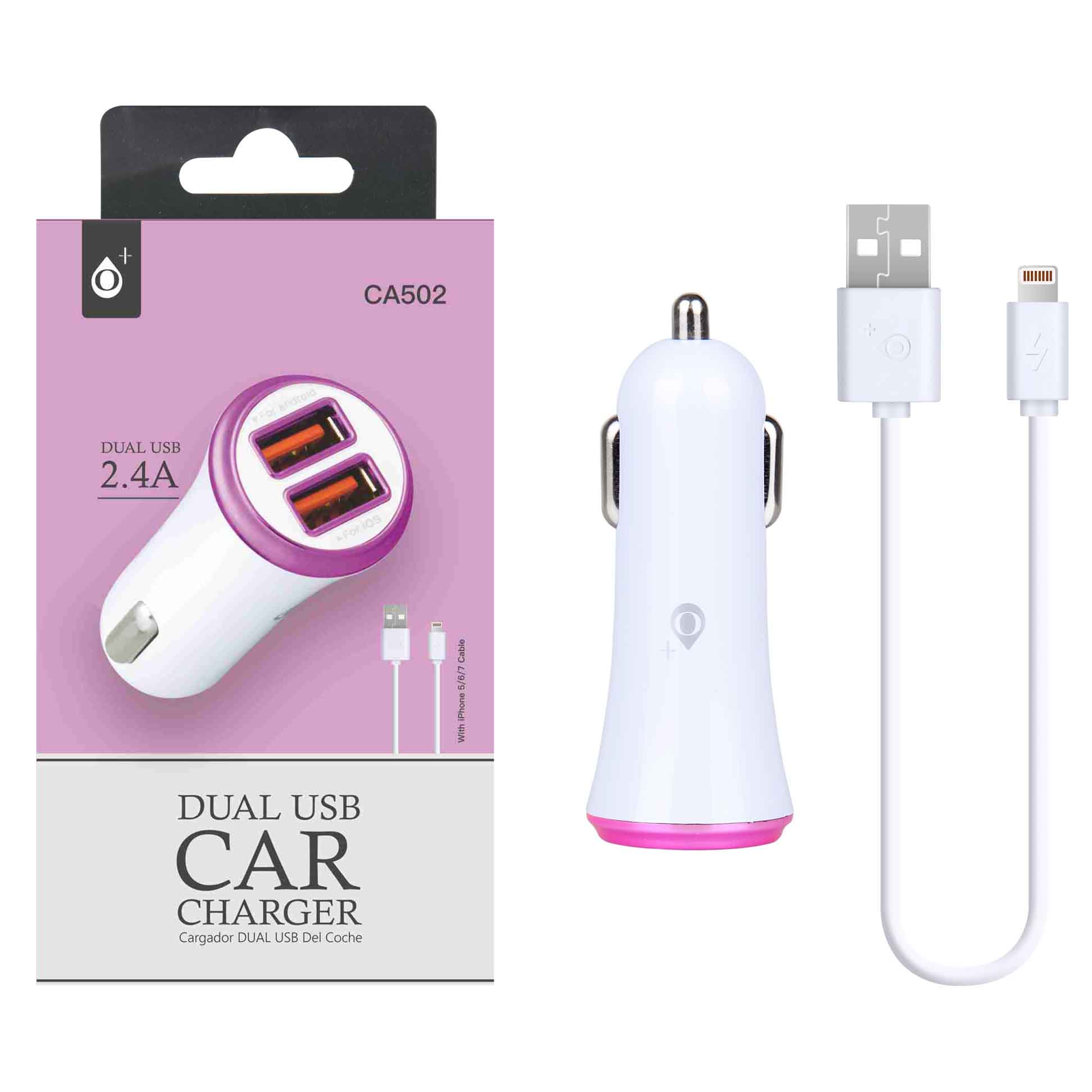 21301024 CA502 RS Cargador Mechero Flaca para Iphone 5/6/7 con 2USB, 2,4A Blanco con Anillo Azul