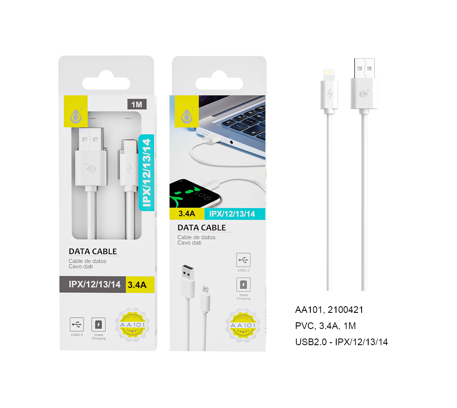 23101011 AA101-Cable de Dato ONE para Iphone , 3.4A 1M Blanco
