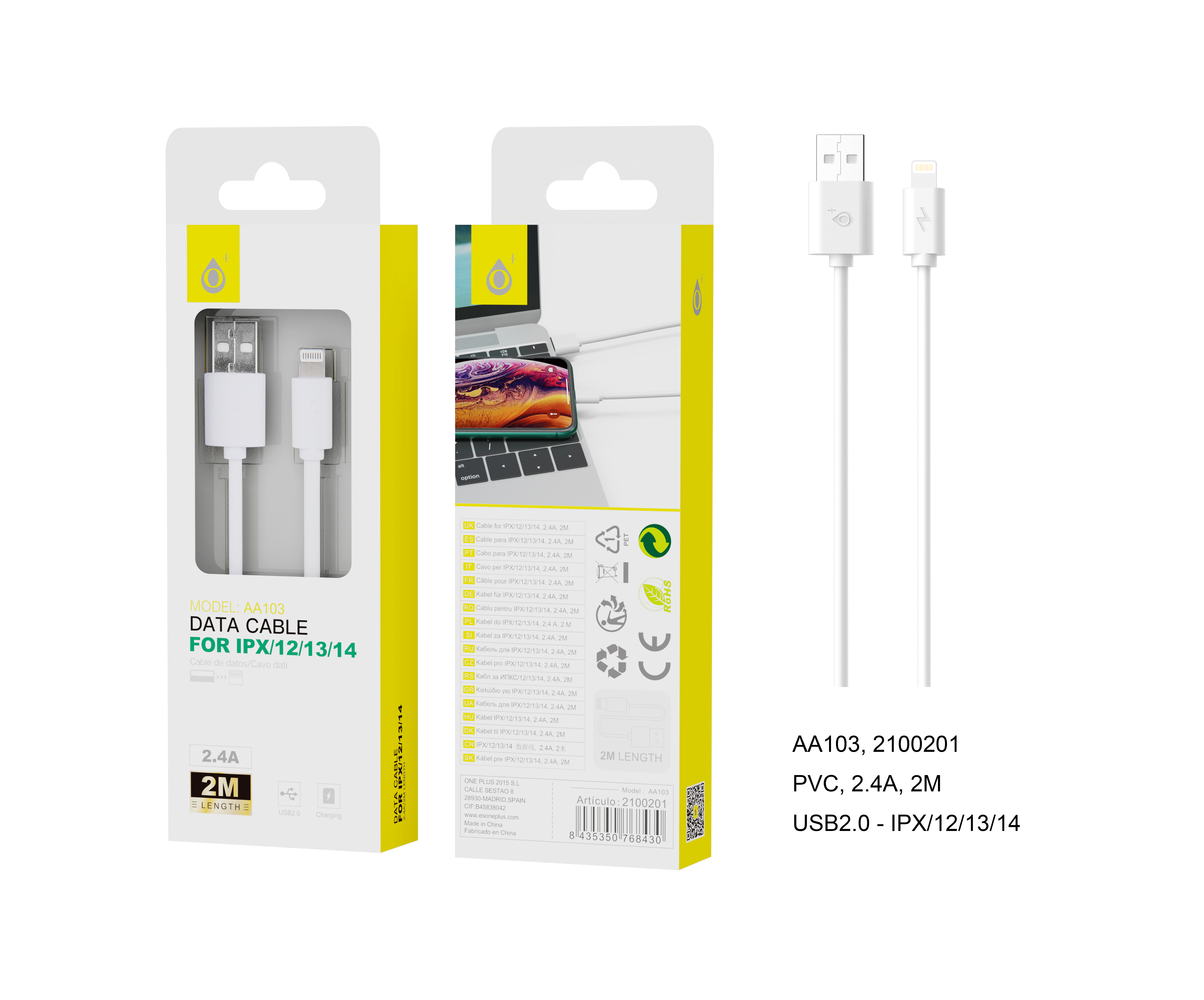 23101031 AA103 BL Cable de Datos para Iphone 5/6/7, 2A 2M, Blanco