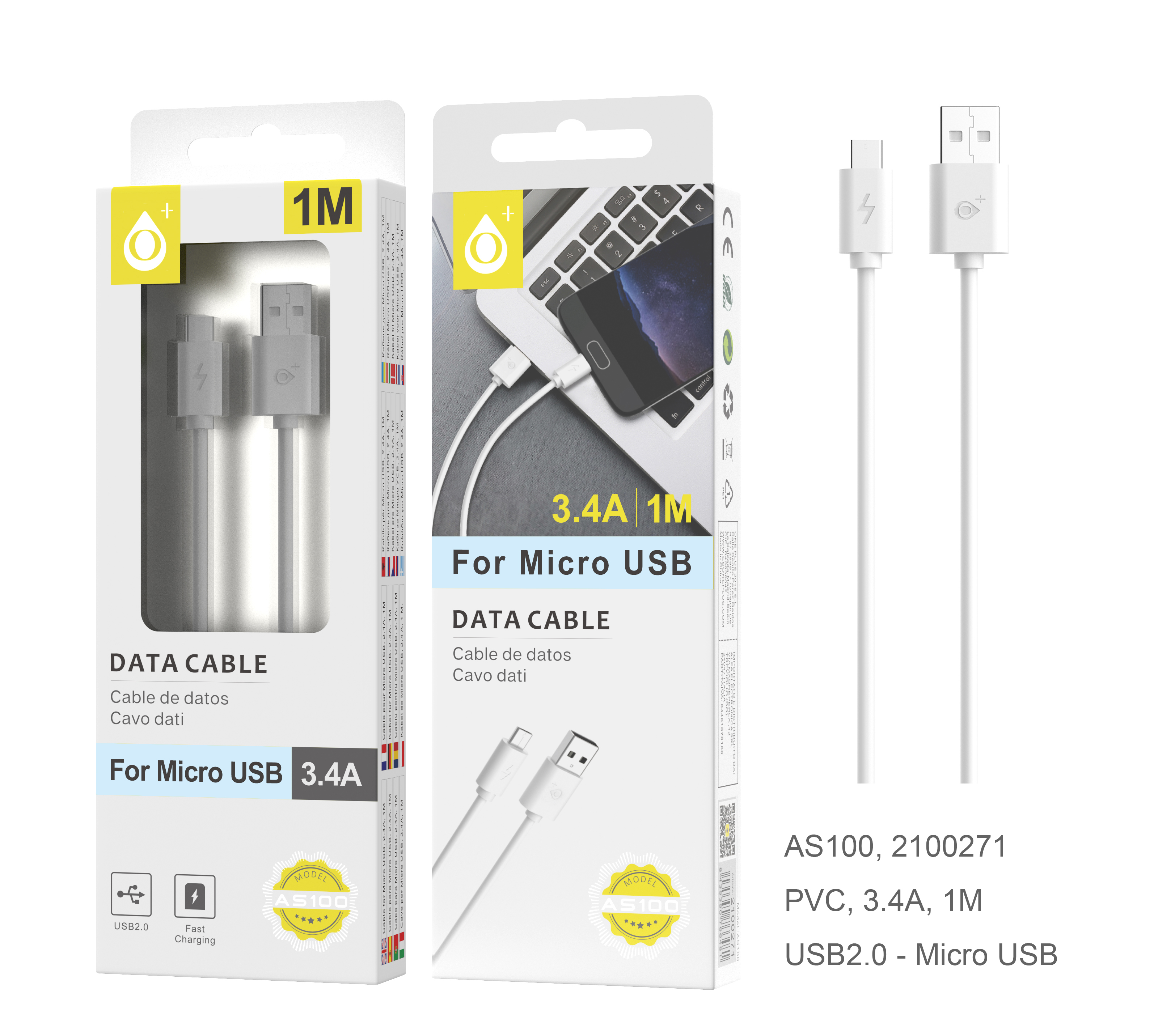 23102001 AS100-BL-Cable de Dato ONE para MicroUSB  3.4A 1M Blanco