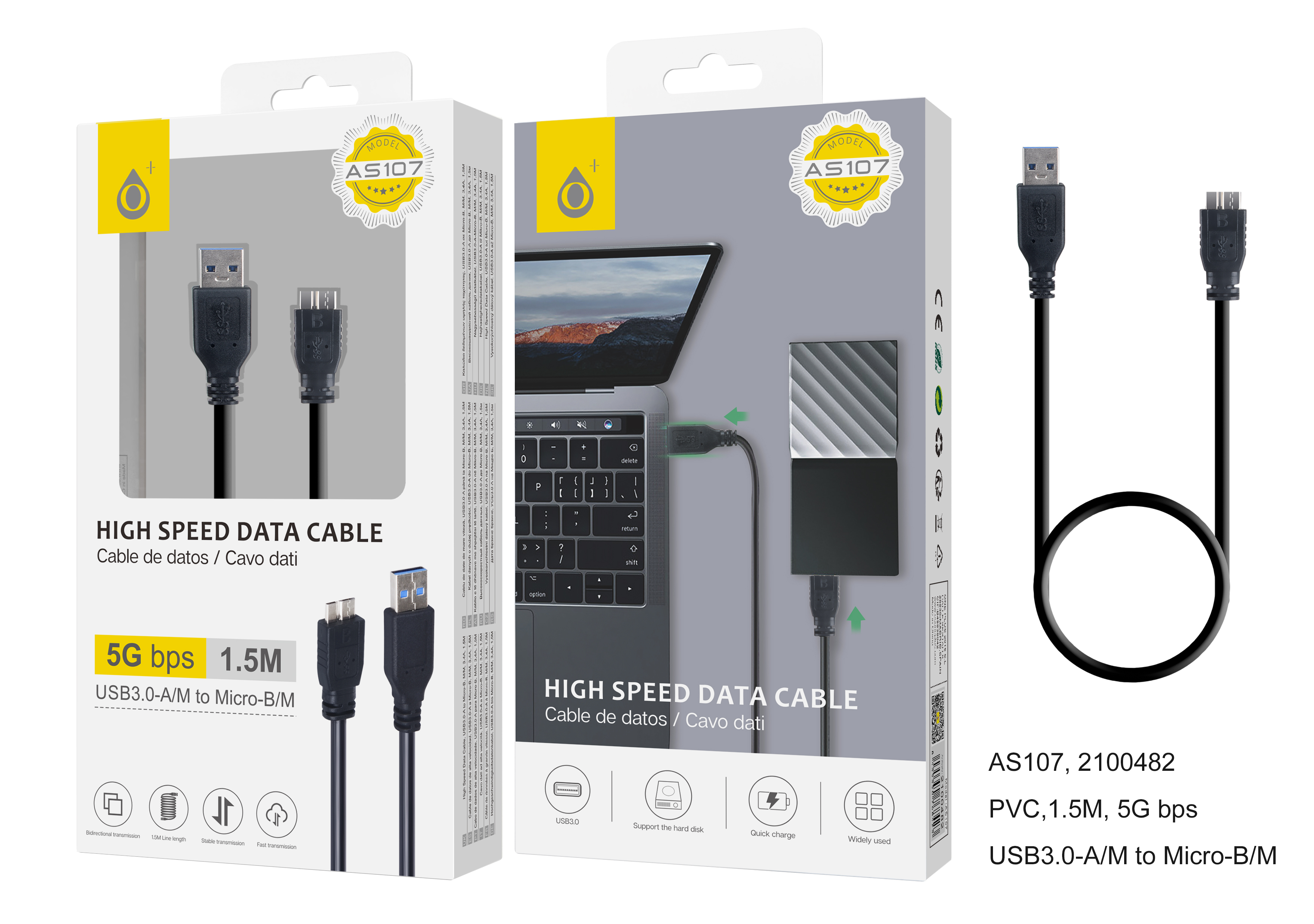 23102072 AS107-NE Cable de Micro USB 3.0 a USB , 1.5M, Negro