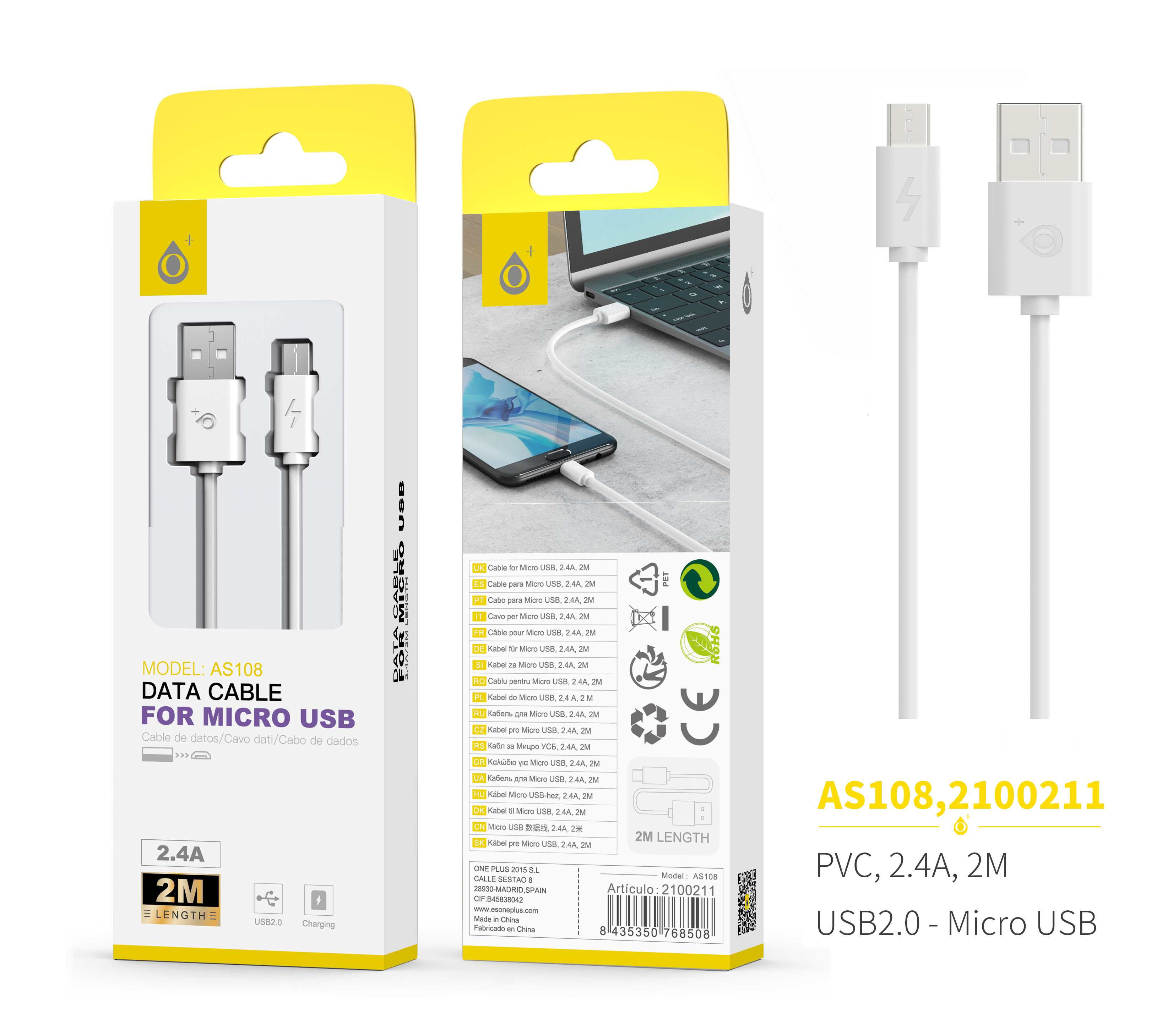 23102081 AS108-BL-Cable de dato Para MicroUSB 3.4A, 2M Blanco