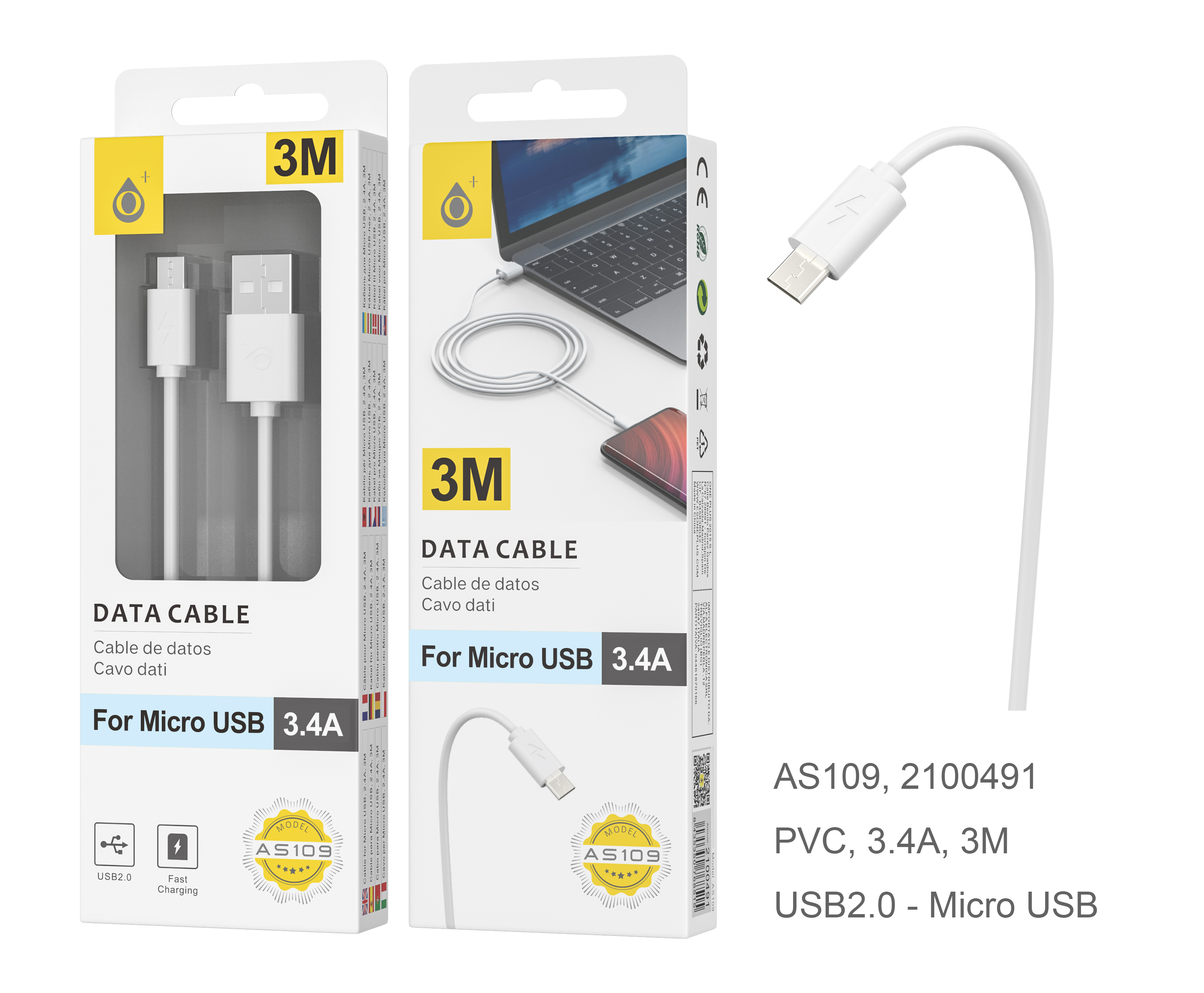 23102091 AS109-Cable de dato Para MicroUSB 2.4A, 3M Blanco